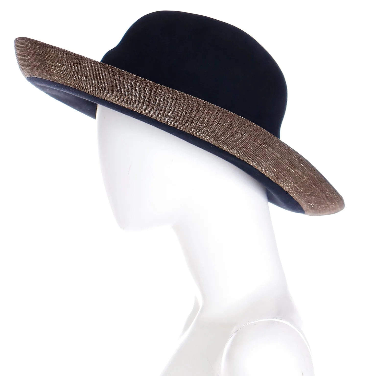 1990s Patricia Underwood Vintage Wool Black Hat w Gold Metallic Trim