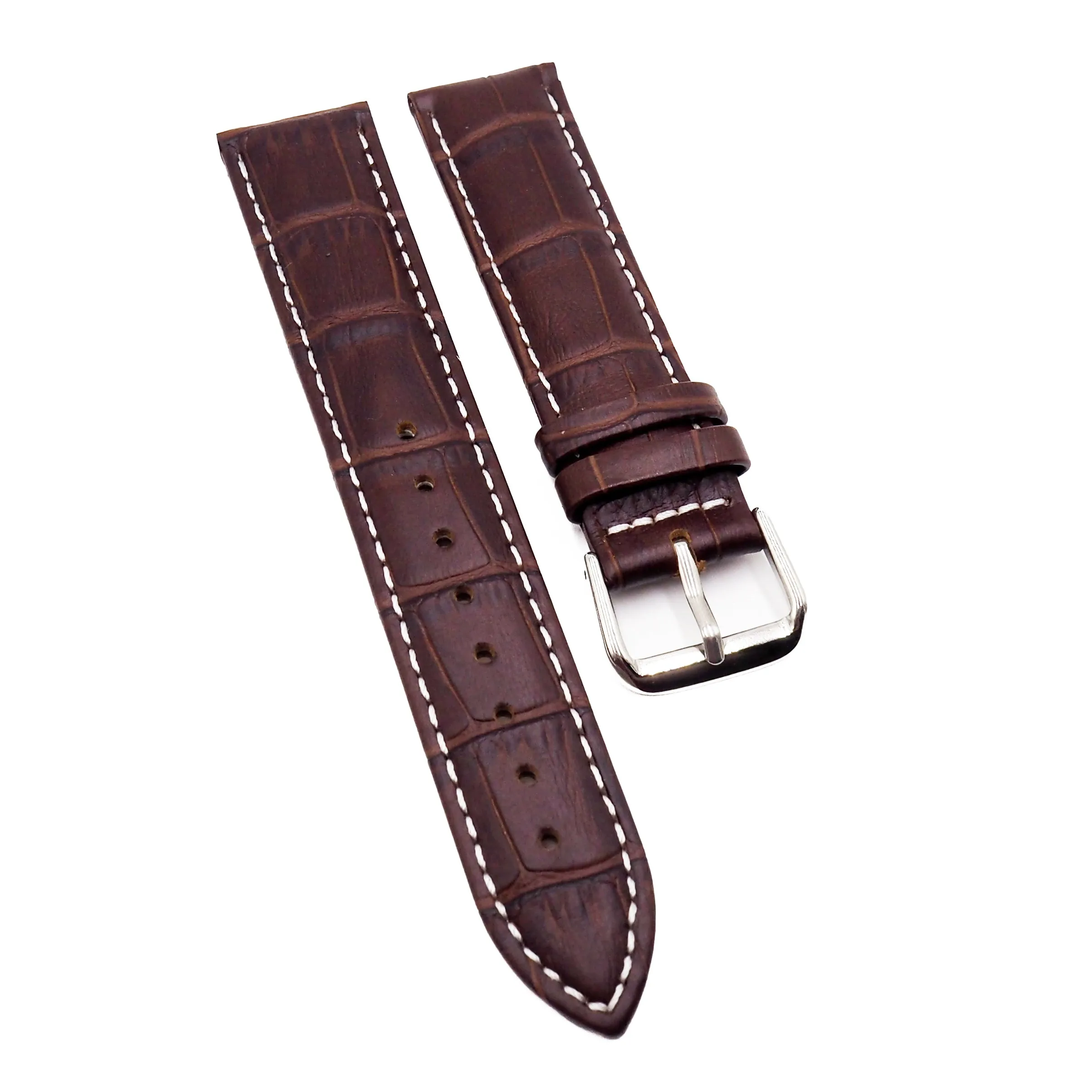19mm Brown Alligator-Embossed Calf Leather Watch Strap, White Stitching