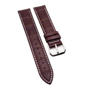 19mm Brown Alligator-Embossed Calf Leather Watch Strap, White Stitching