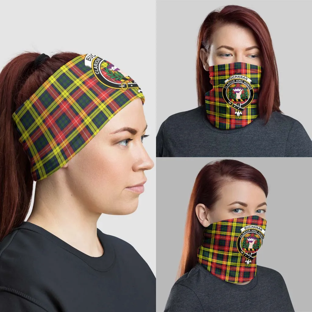 Buchanan Modern Tartan Neck Gaiters, Tartan Bandanas, Tartan Head Band with Family Crest