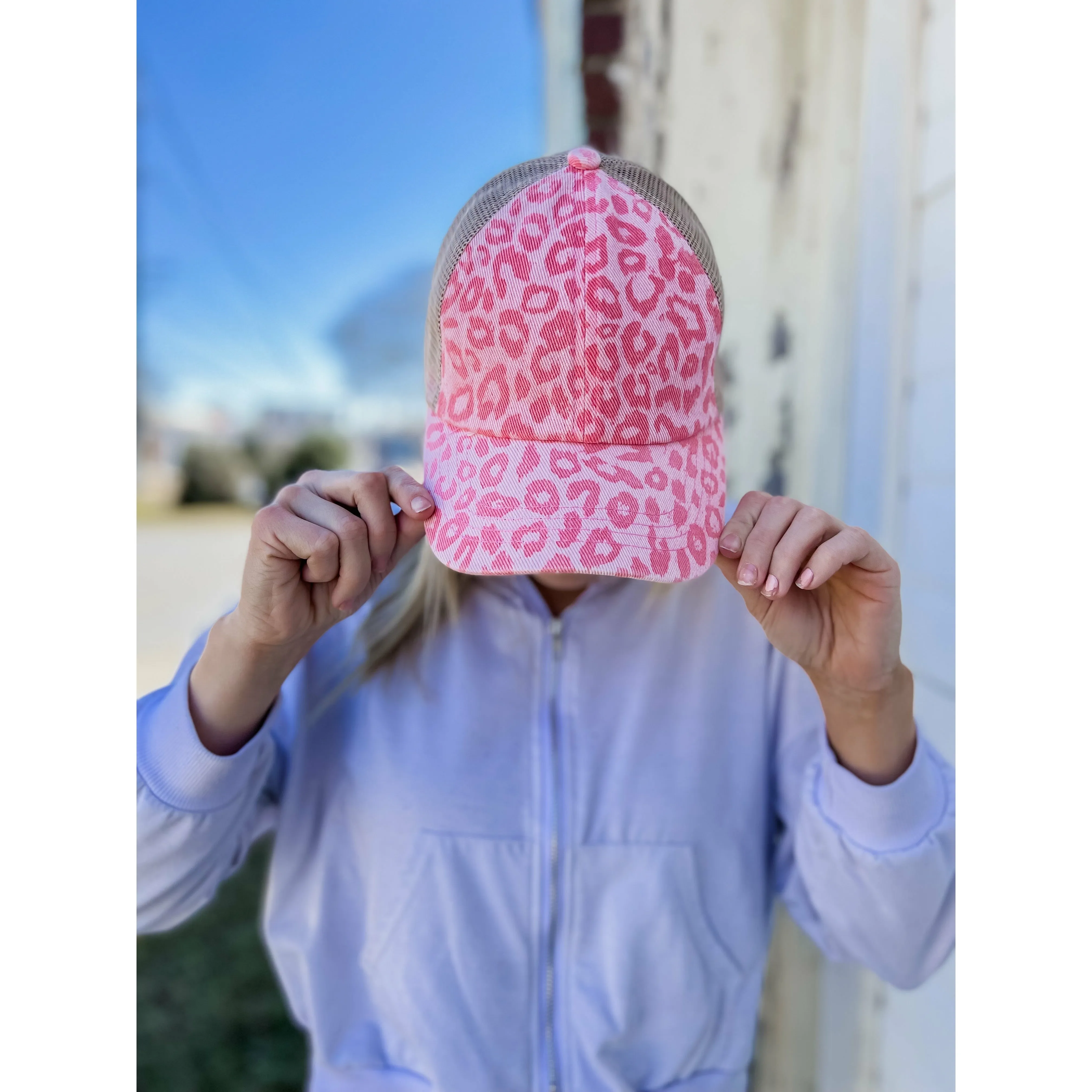 CC High Pony Criss Cross Ball Cap - Leopard Denim Pink