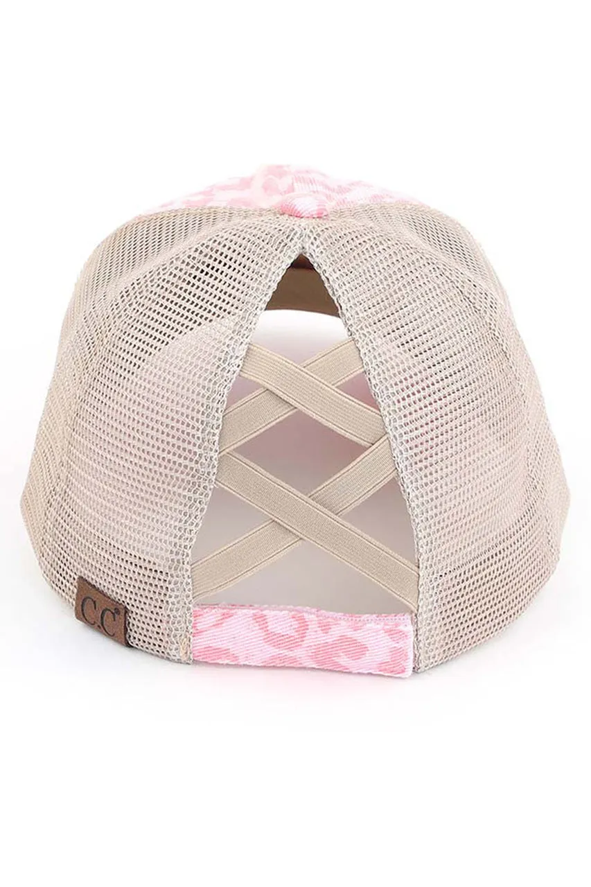 CC High Pony Criss Cross Ball Cap - Leopard Denim Pink
