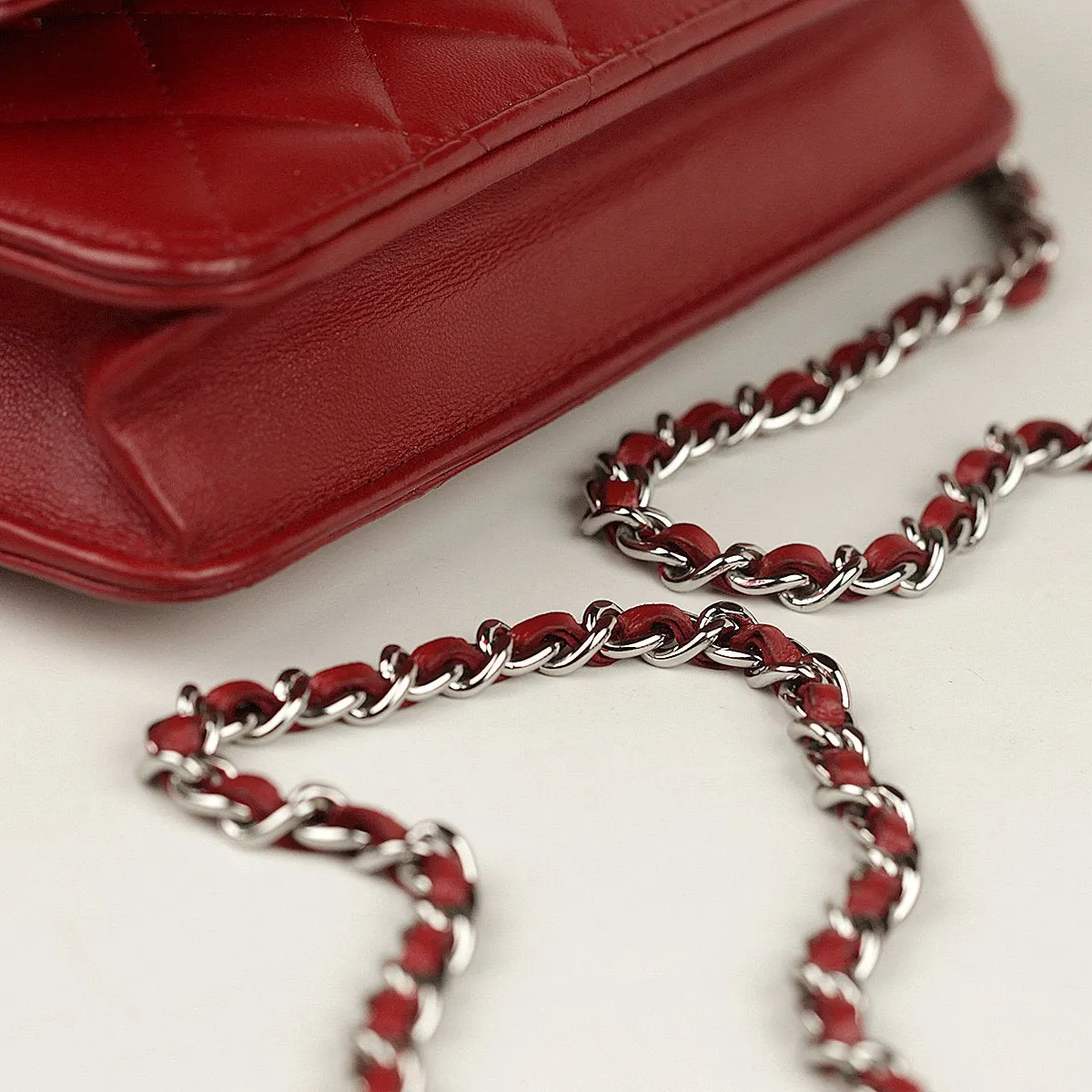 Chanel Bag Wallet on Chain (WOC) Red Quilted Lambskin Leather with Silver Hardware