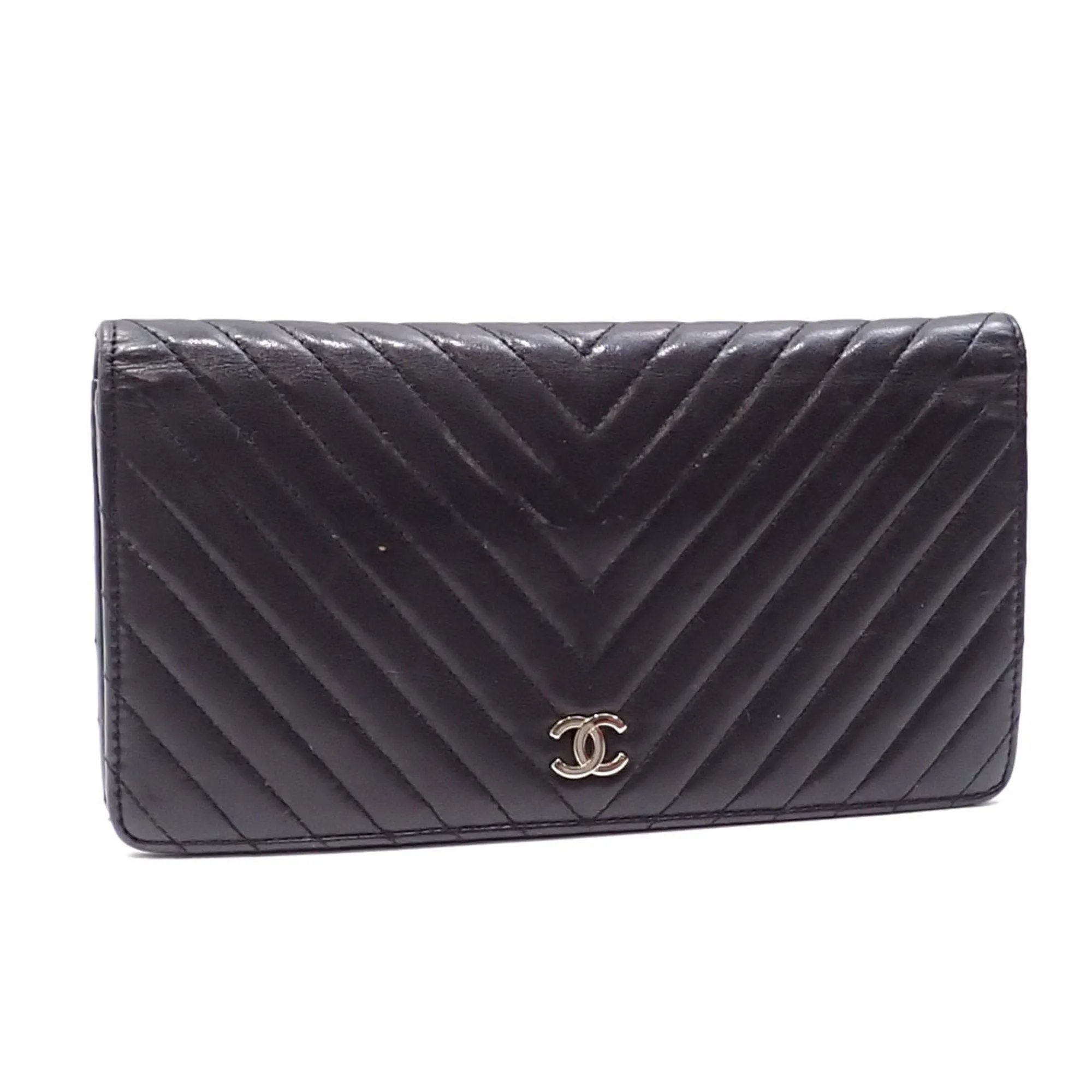 Chanel Bifold Long Wallet V Stitch Women's Black Lambskin A31509 Coco Mark Leather