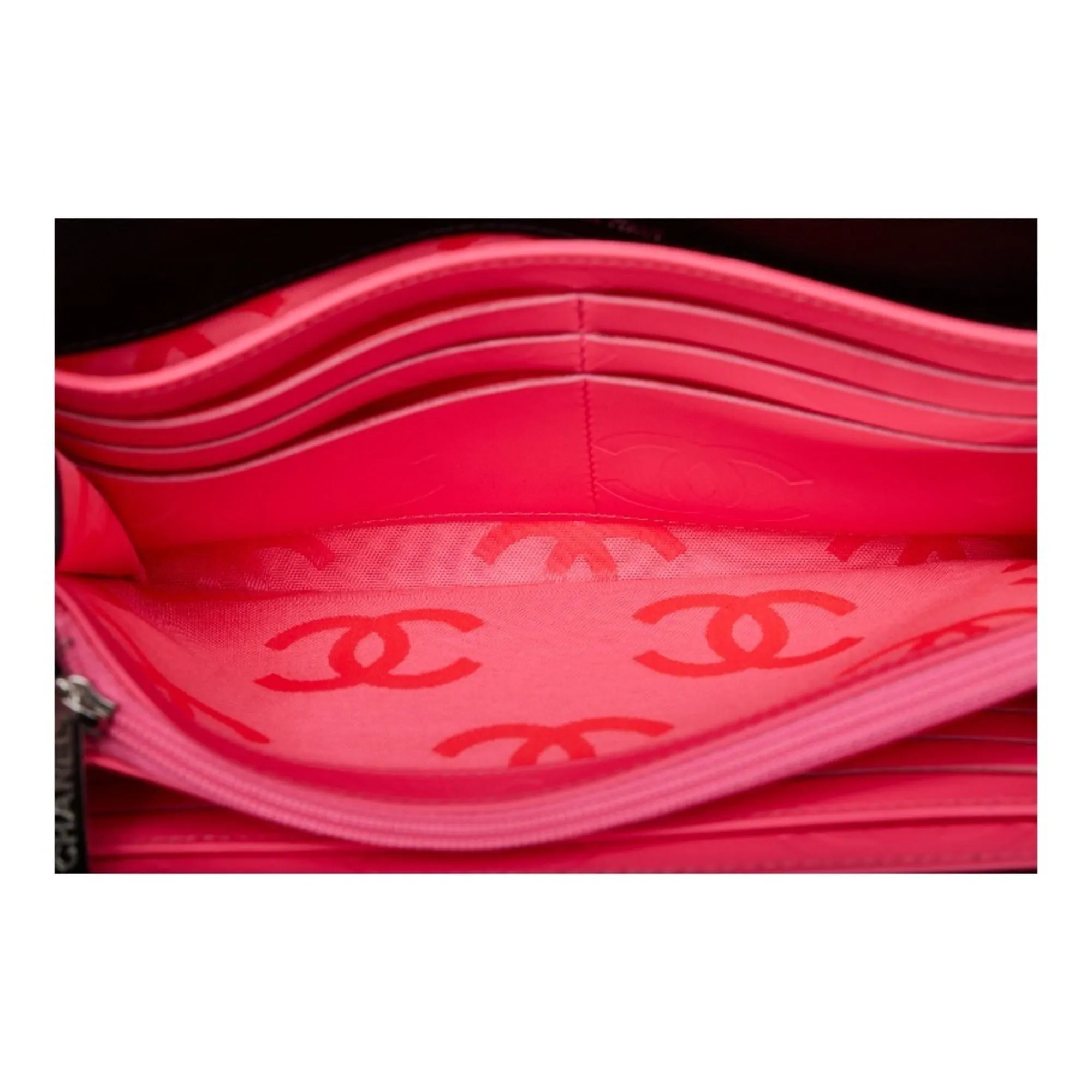 Chanel Cambon Line Coco Mark Long Wallet Black Pink Lambskin Ladies