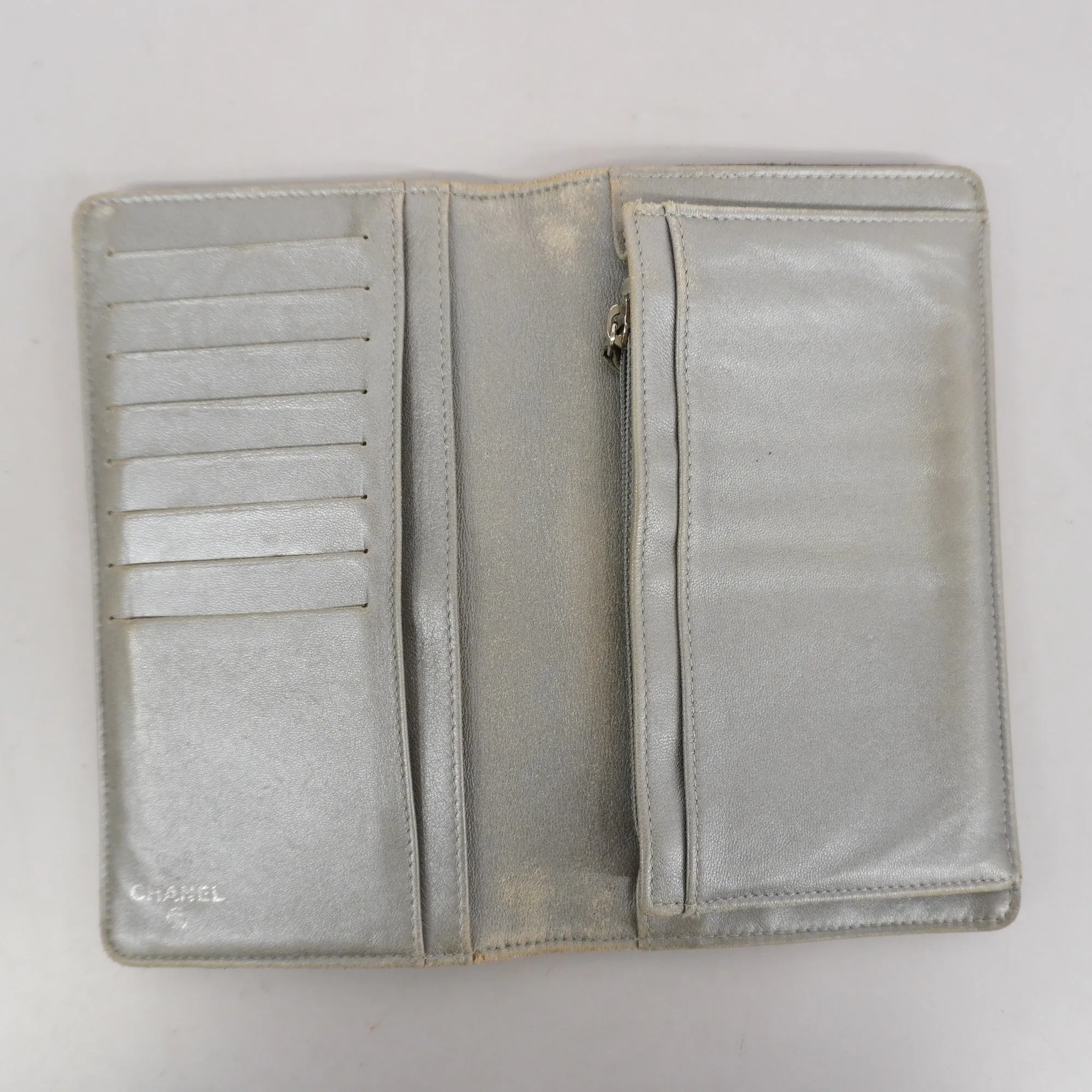 Chanel  Camellia Bi-fold Long Wallet With Silver Metal Women's Lambskin