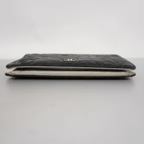 Chanel  Camellia Bi-fold Long Wallet With Silver Metal Women's Lambskin