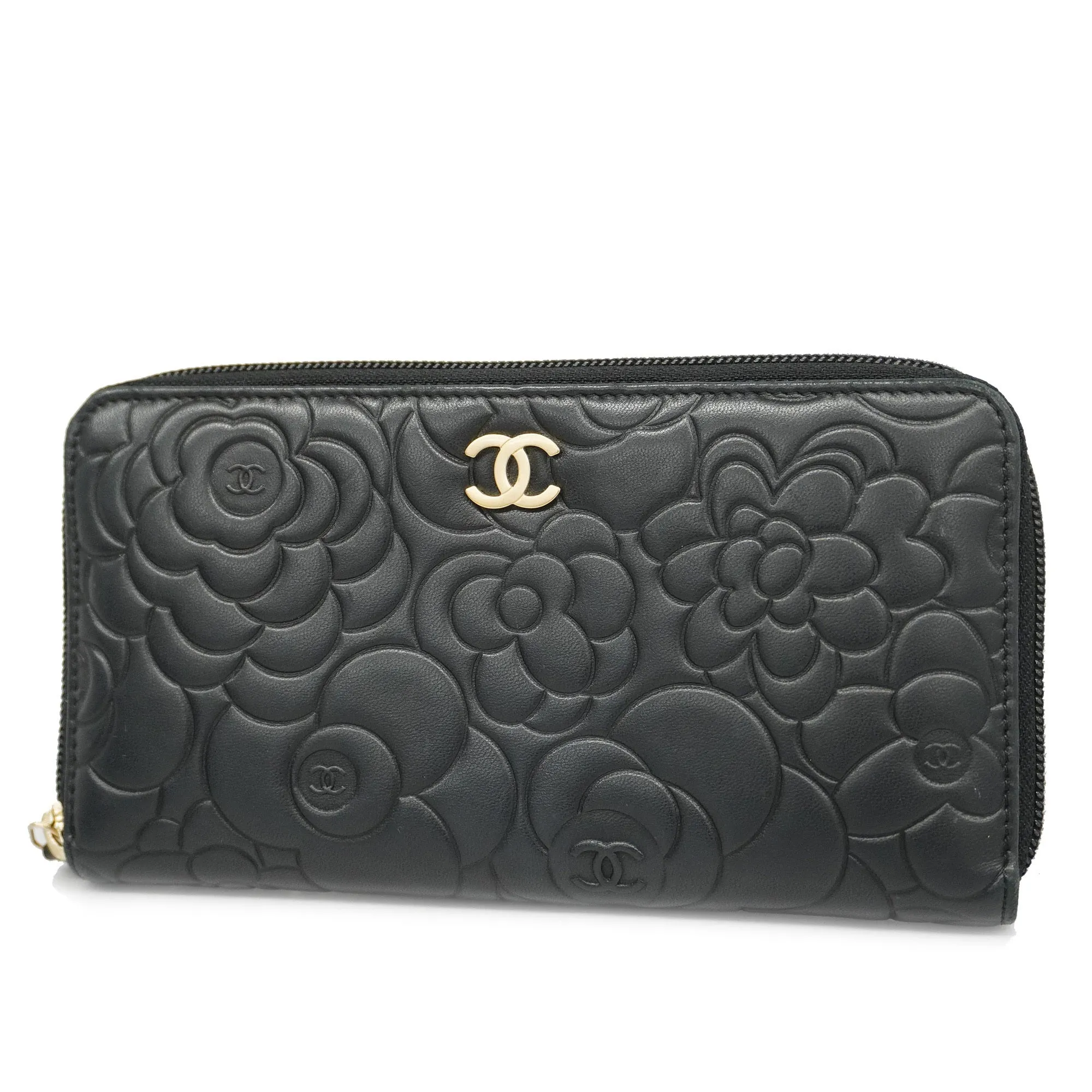 Chanel  Camellia Long Wallet [bi-fold] Gold Hardware Women's Lambskin Black