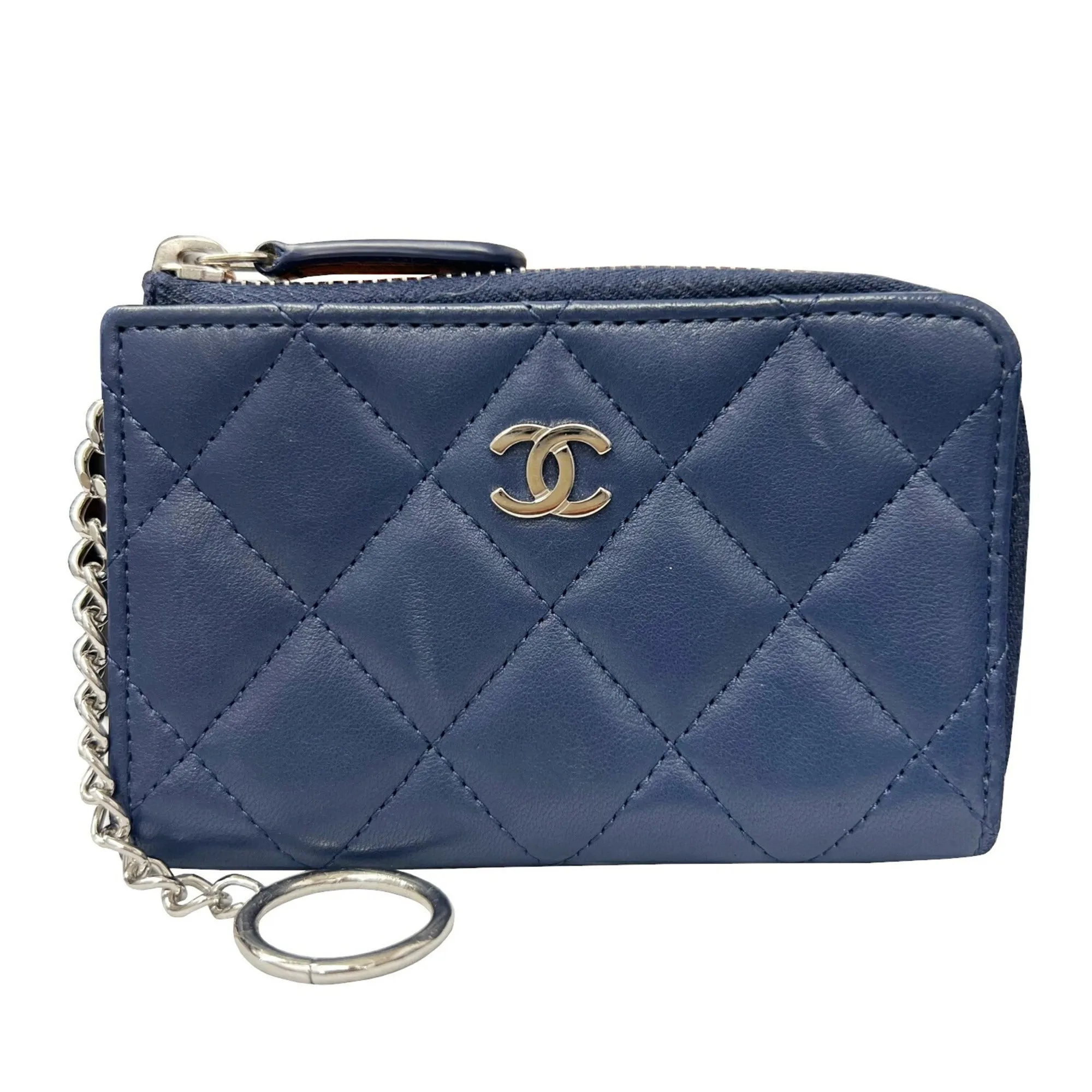 Chanel Classic Zip Matelasse Coin Case Card Key Ring Purse Navy Lambskin Coco Mark Wallet A68943 Women's Men's 2