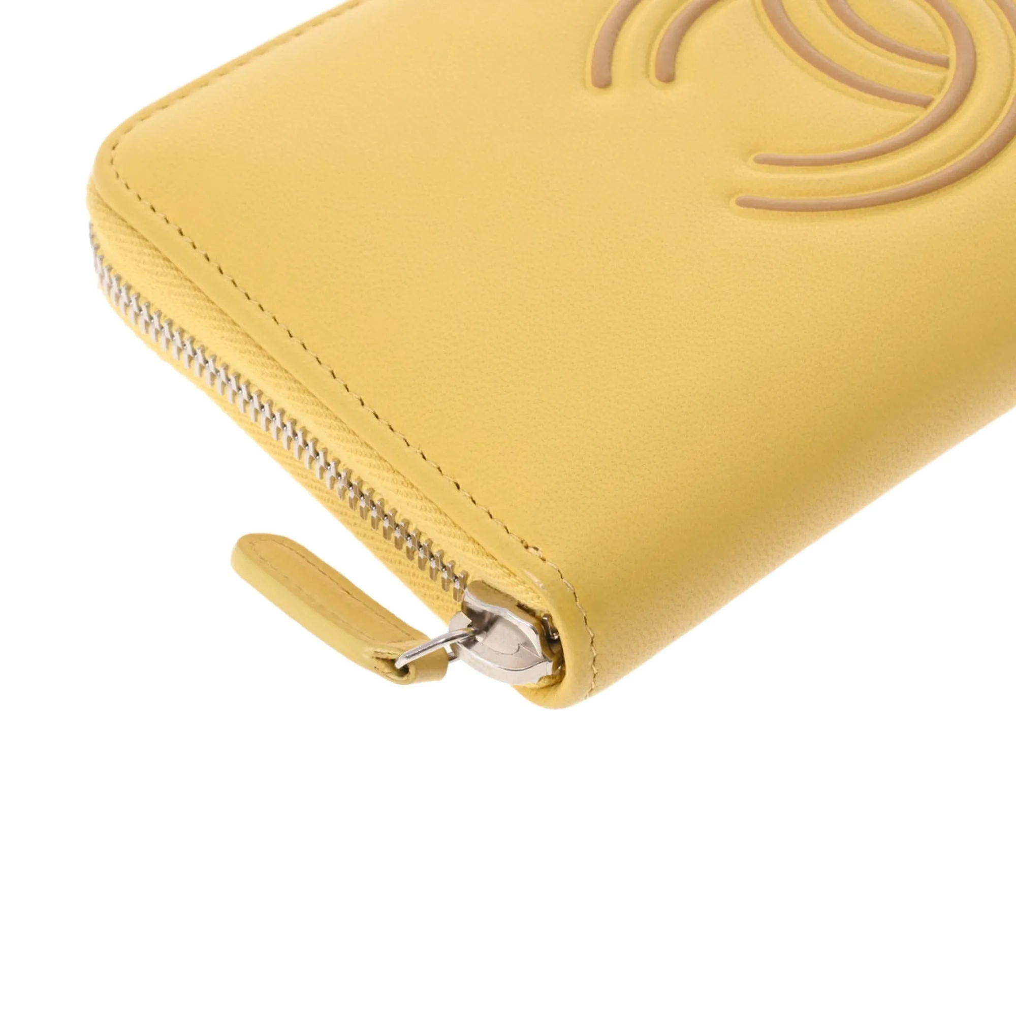 Chanel here mark round wallet yellow ladies lambskin long