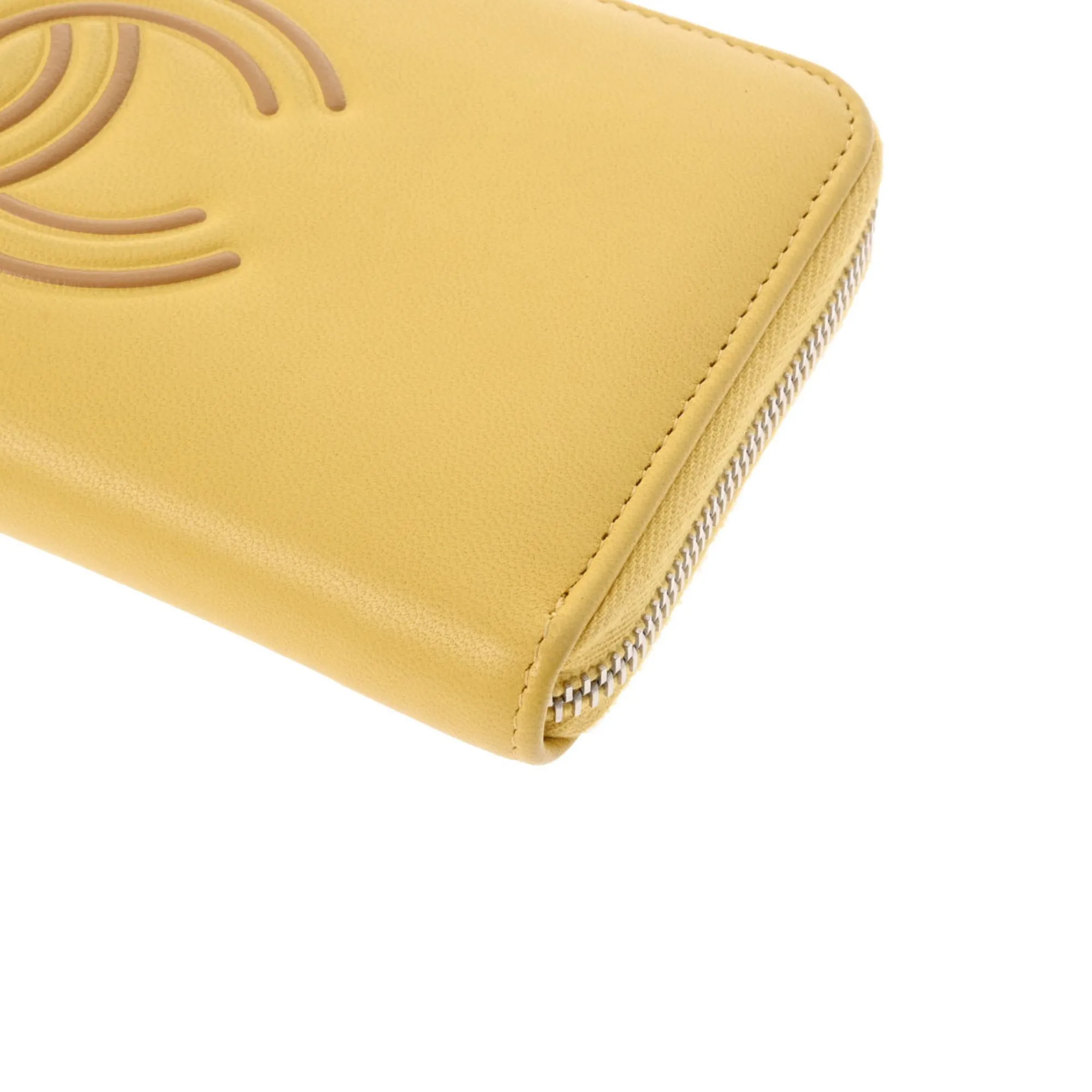 Chanel here mark round wallet yellow ladies lambskin long