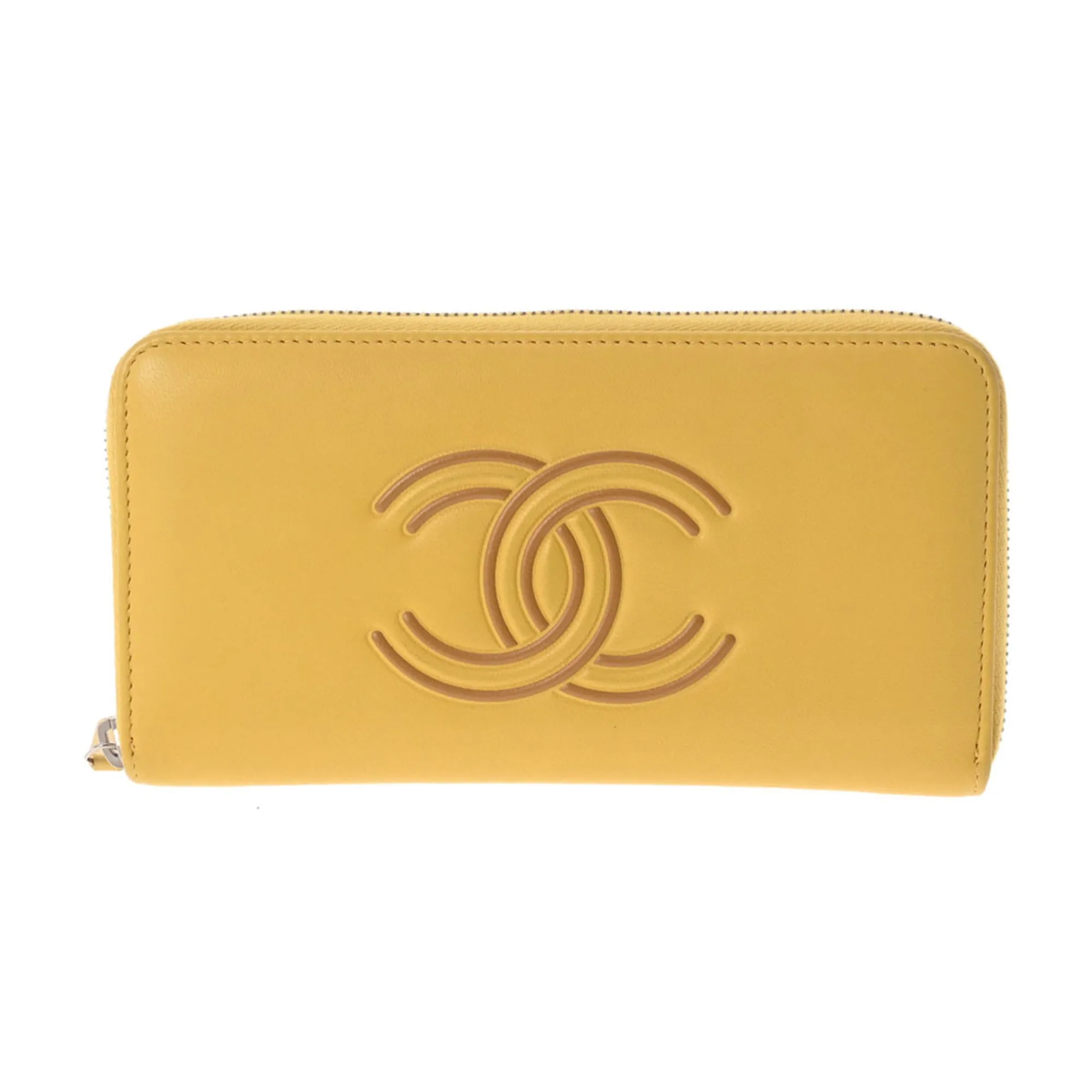 Chanel here mark round wallet yellow ladies lambskin long