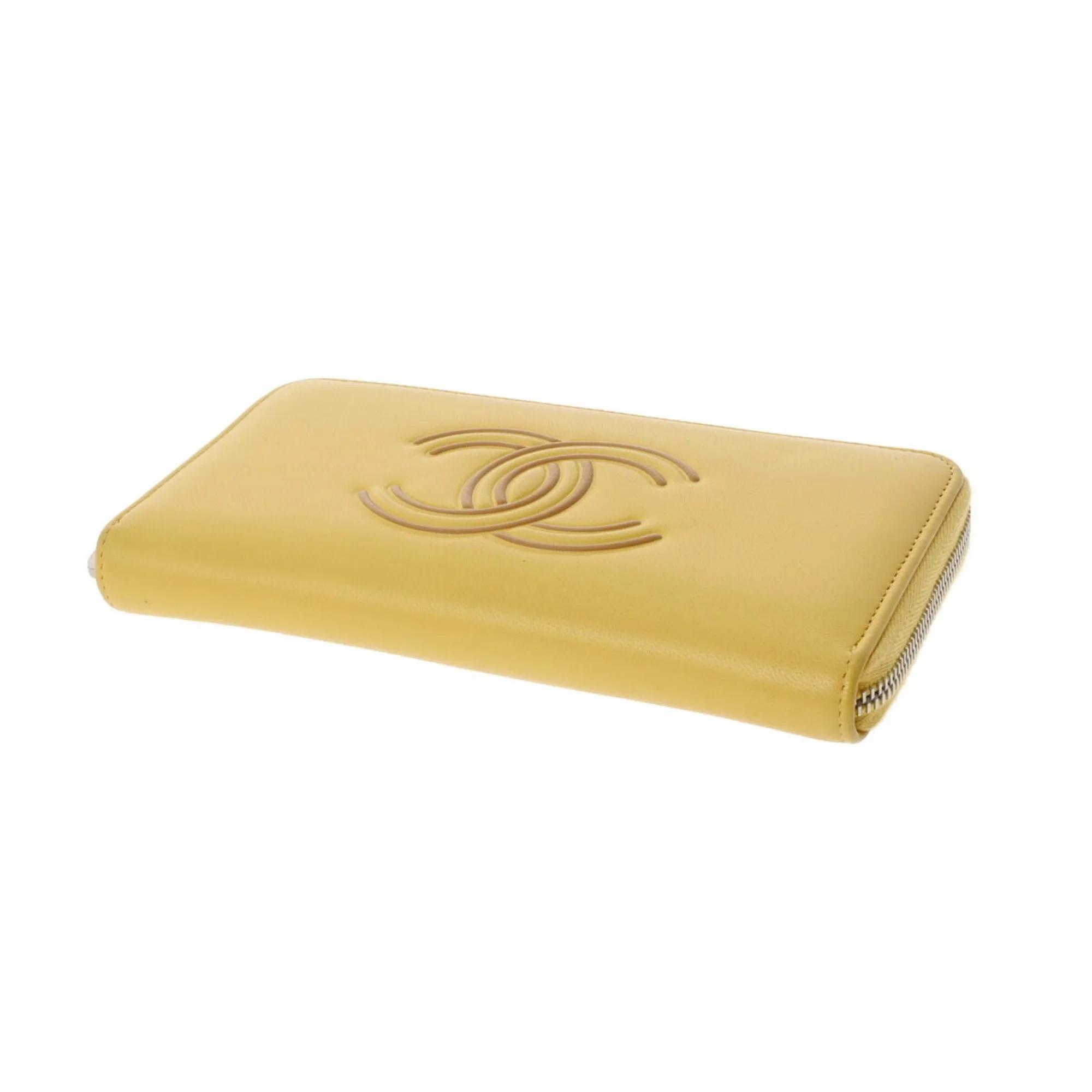 Chanel here mark round wallet yellow ladies lambskin long