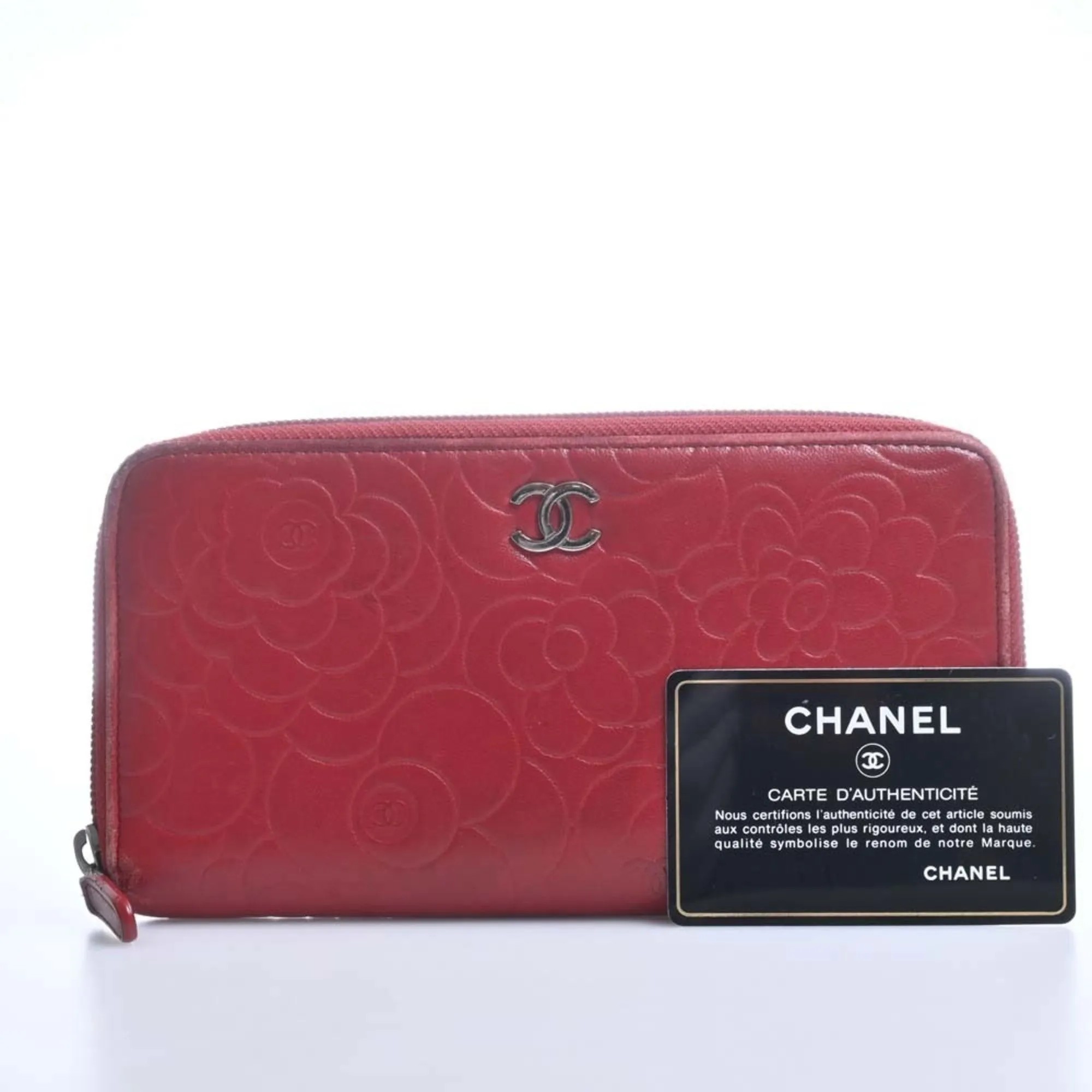 Chanel Lambskin Camellia Cocomark Round Long Wallet Red Ladies