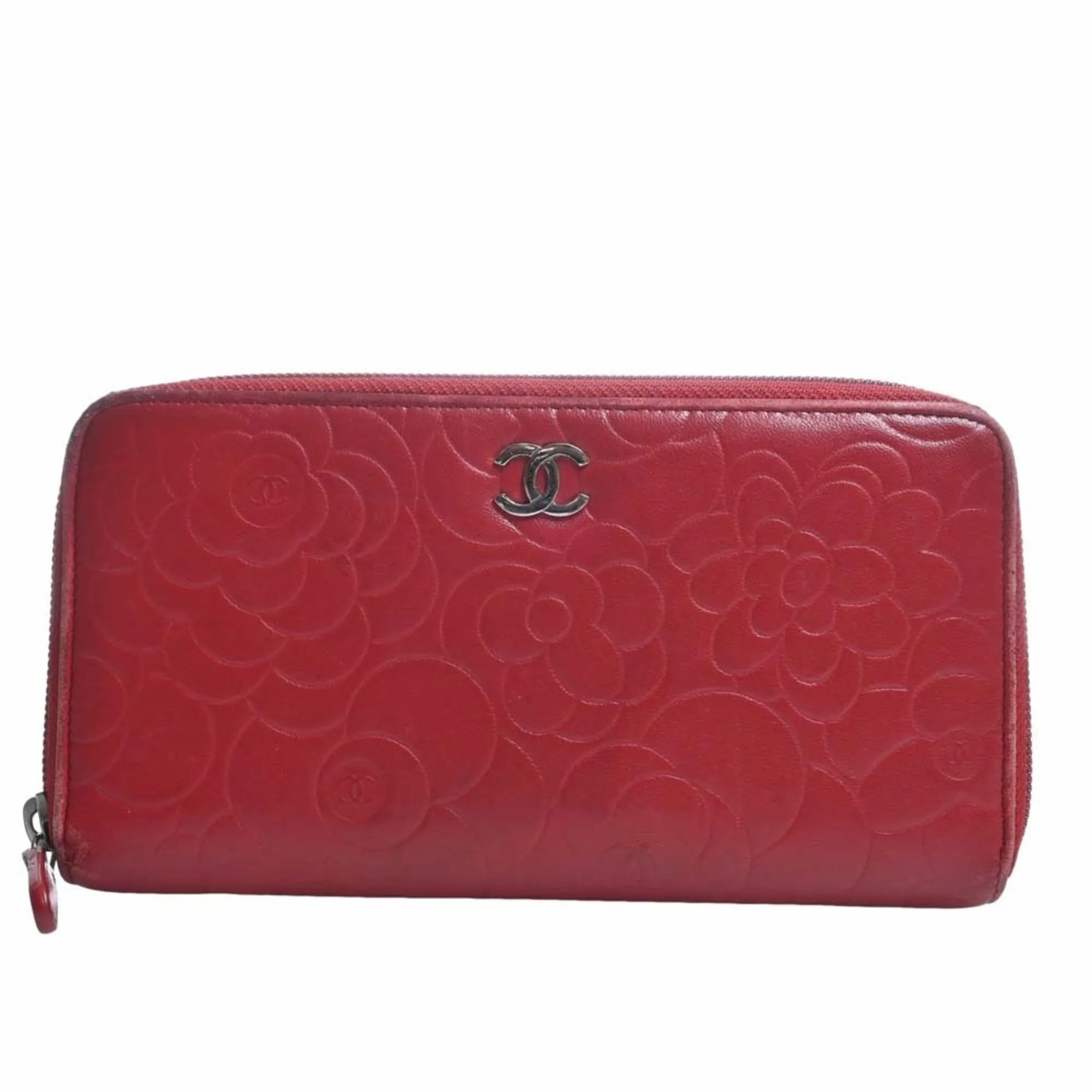 Chanel Lambskin Camellia Cocomark Round Long Wallet Red Ladies