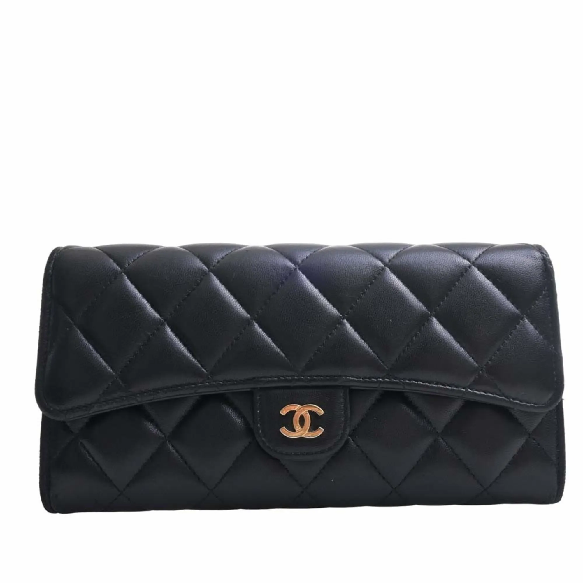 Chanel Lambskin Matelasse Coco Mark Bifold Long Wallet Black Ladies
