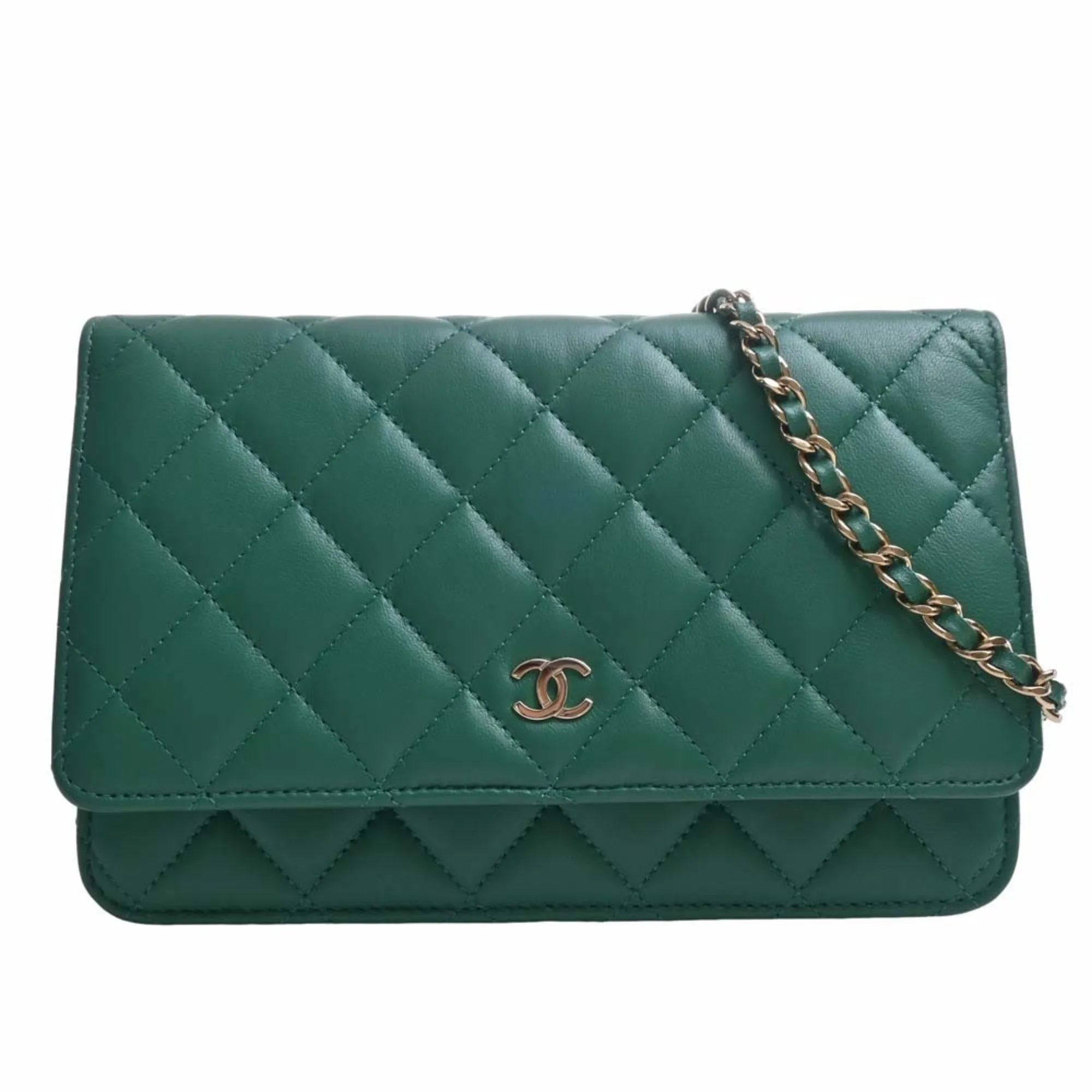 Chanel Lambskin Matelasse Coco Mark Chain Shoulder Long Wallet Green Ladies