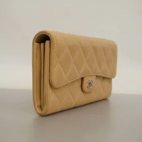 Chanel  Matelasse Silver Metal Fittings Women's Lambskin Wallet Beige