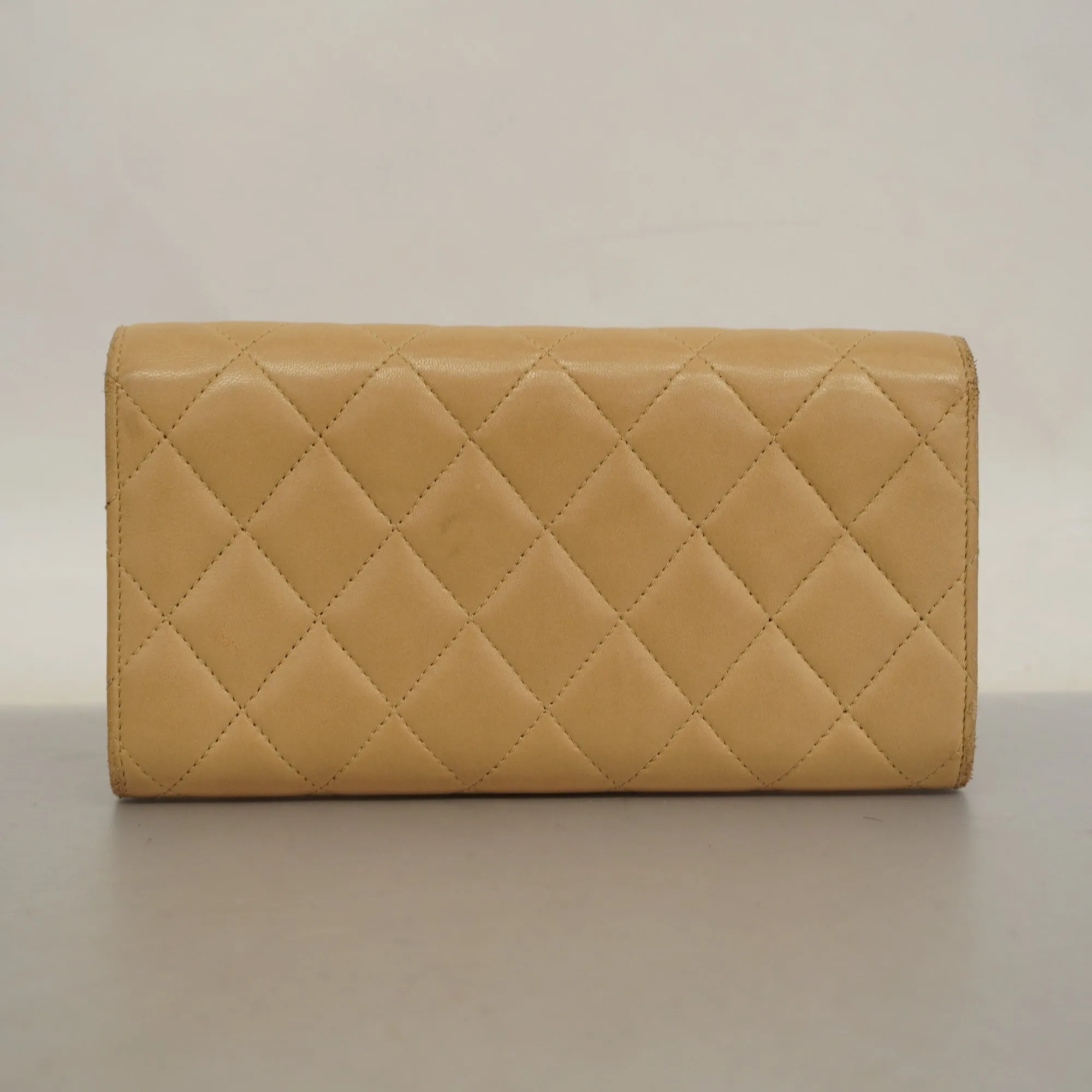 Chanel  Matelasse Silver Metal Fittings Women's Lambskin Wallet Beige