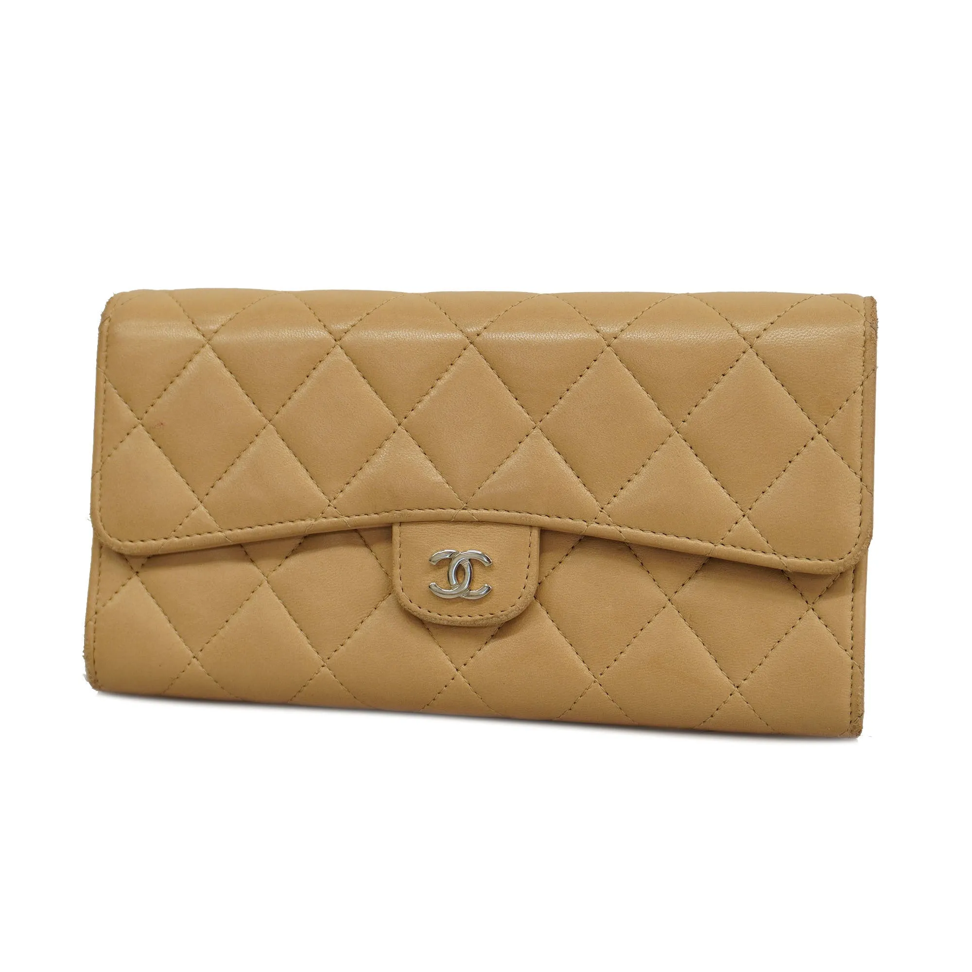 Chanel  Matelasse Silver Metal Fittings Women's Lambskin Wallet Beige