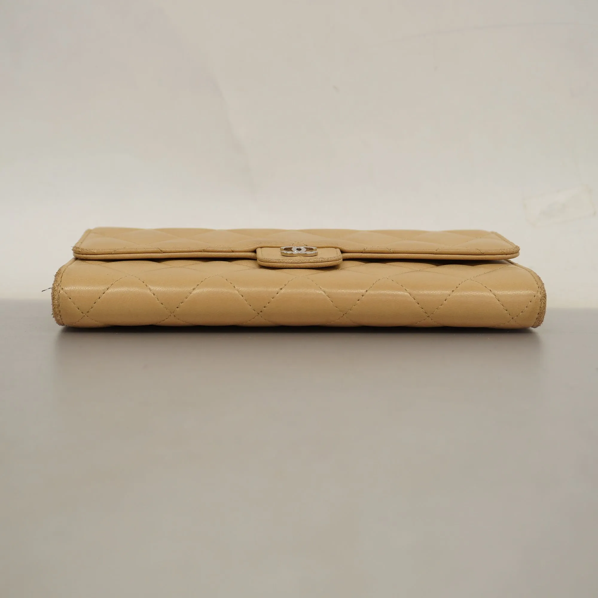 Chanel  Matelasse Silver Metal Fittings Women's Lambskin Wallet Beige