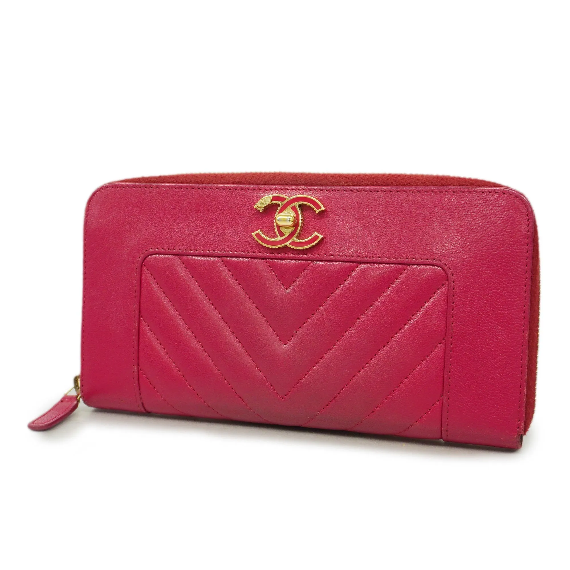 Chanel  V-stitch Gold Hardware Women's Lambskin Long Wallet [bi-fold] Pink