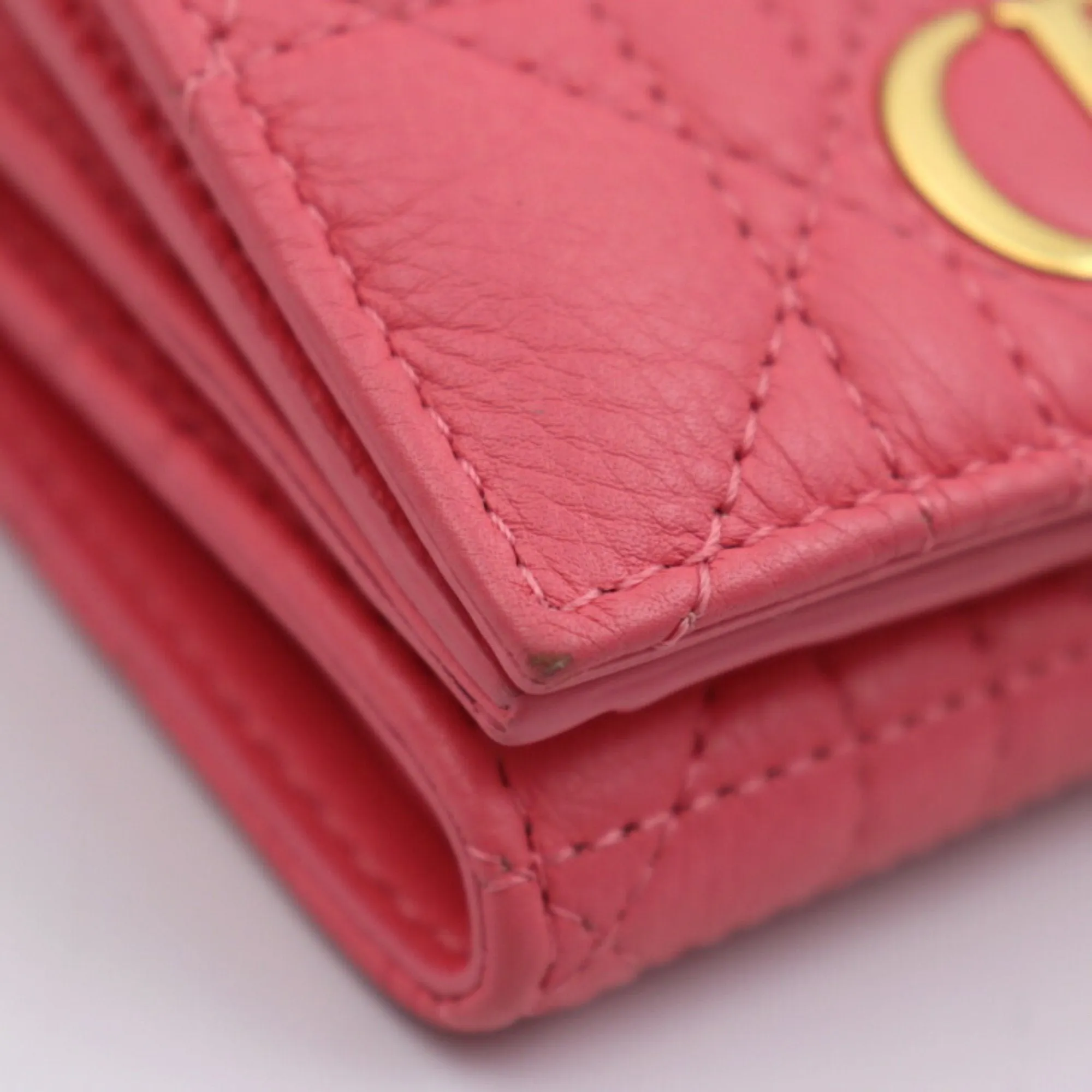 CHRISTIAN DIOR Caro Canage Trifold Wallet S5030UWHC Lambskin Yarrow Pink W Hook Japan Limited Color CD Logo