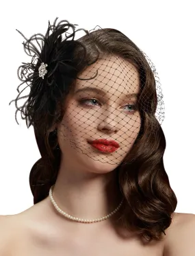 Cizoe 1920s Flapper Fascinator Mesh Face Veil Headband Bridal Wedding Tea Party Headwear with Veil for Women(G-Feather and Mesh Black)