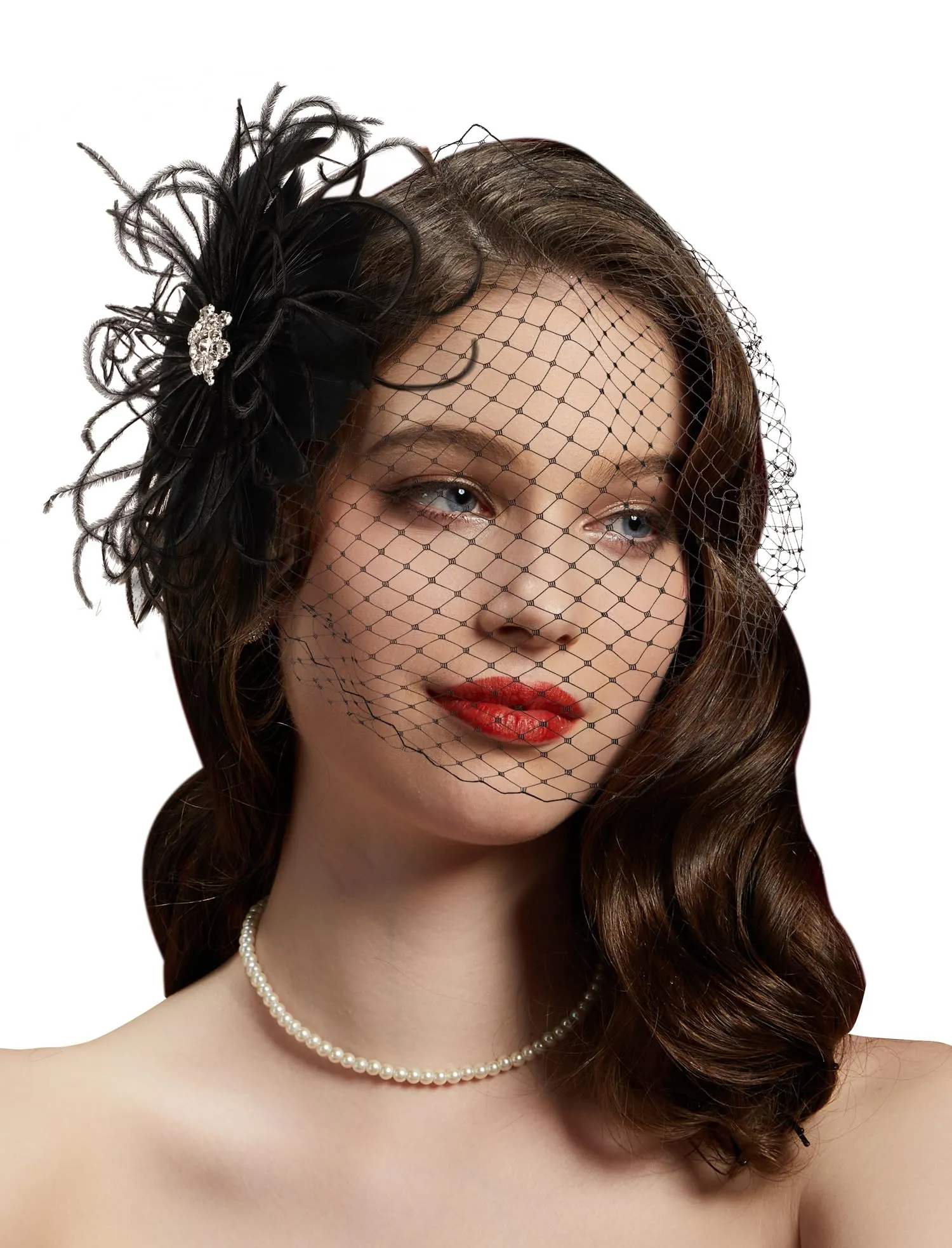 Cizoe 1920s Flapper Fascinator Mesh Face Veil Headband Bridal Wedding Tea Party Headwear with Veil for Women(G-Feather and Mesh Black)