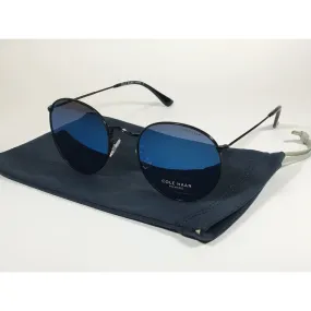 Cole Haan Polarized Round Sunglasses Black Blue Mirror Lens CH8004 001 BLACK