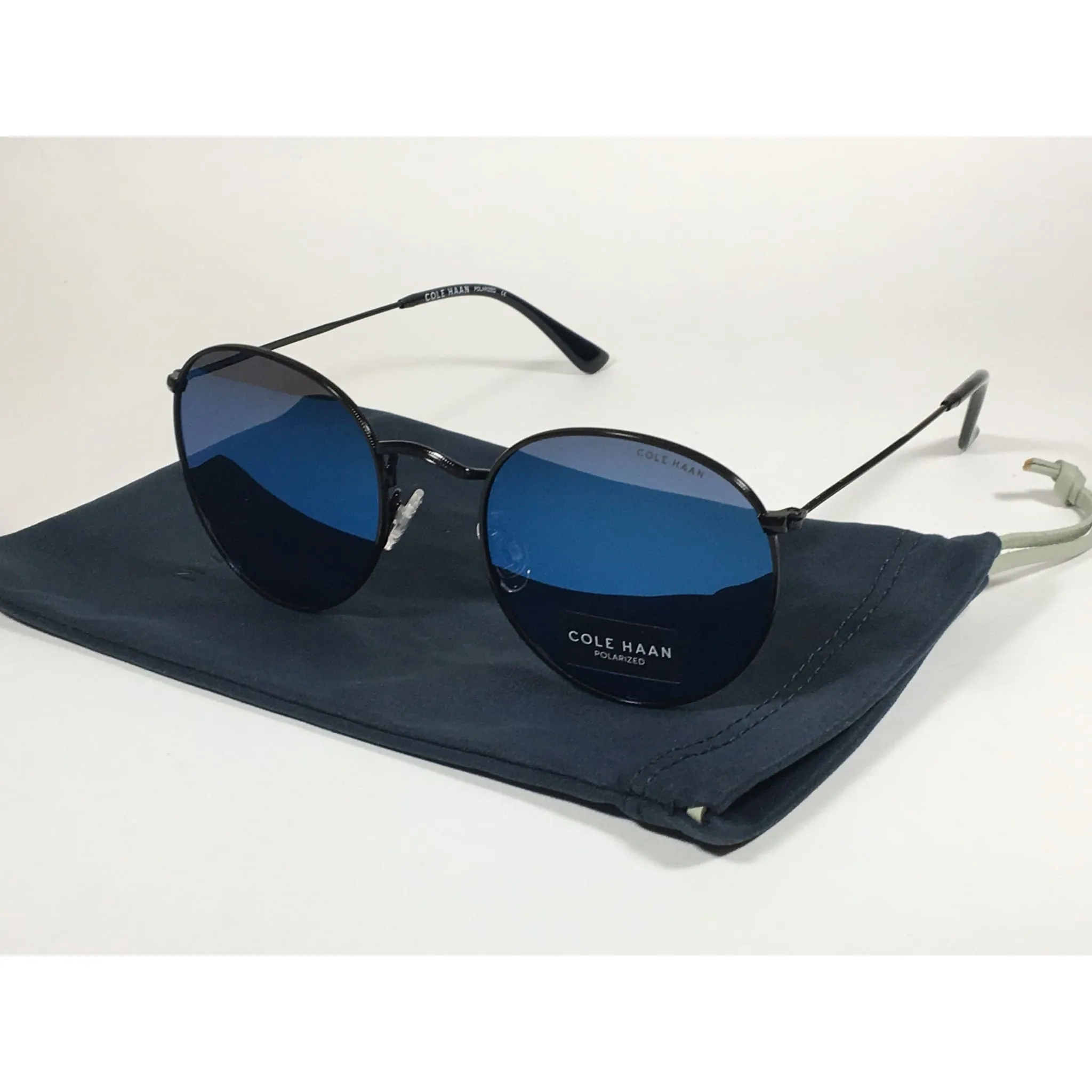 Cole Haan Polarized Round Sunglasses Black Blue Mirror Lens CH8004 001 BLACK