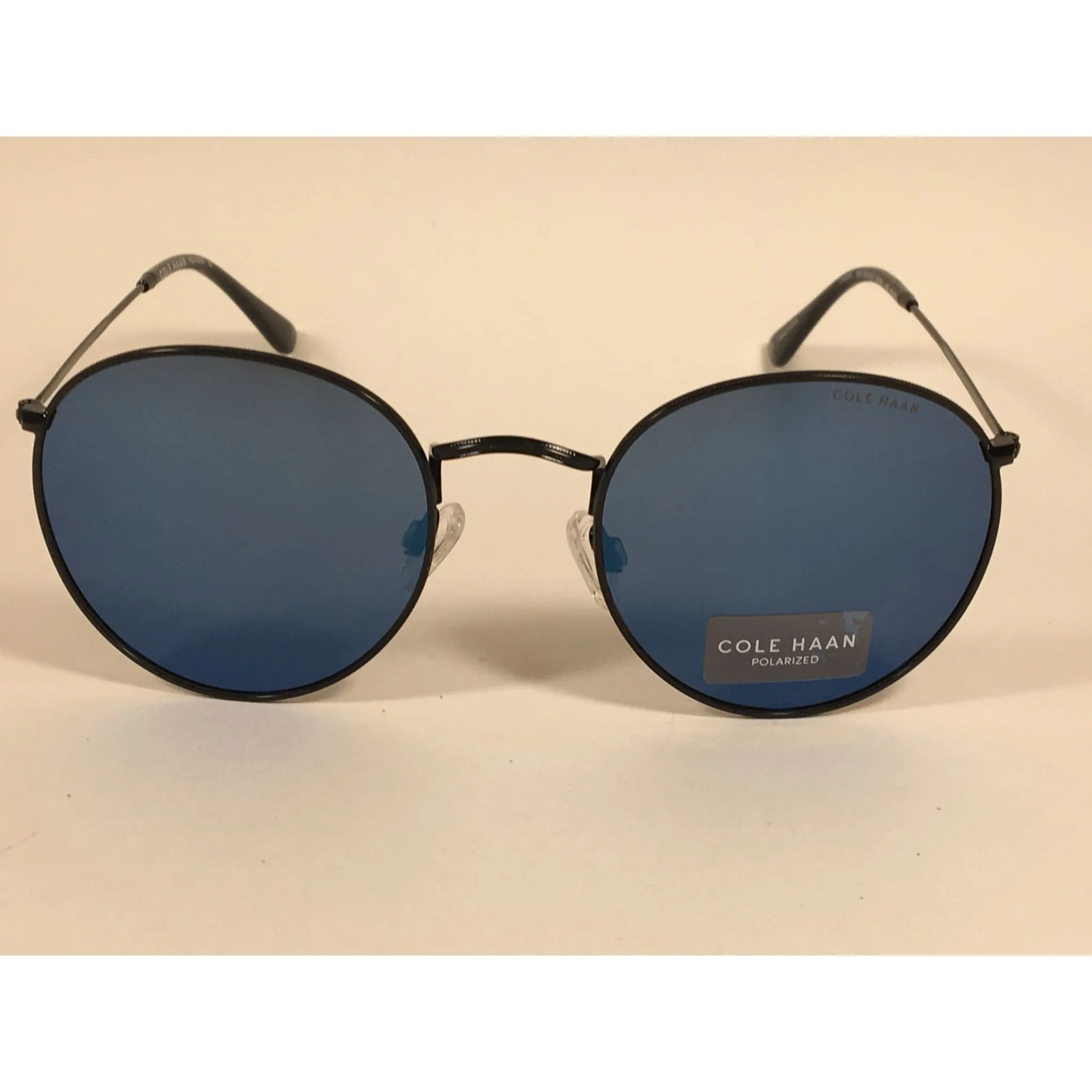 Cole Haan Polarized Round Sunglasses Black Blue Mirror Lens CH8004 001 BLACK