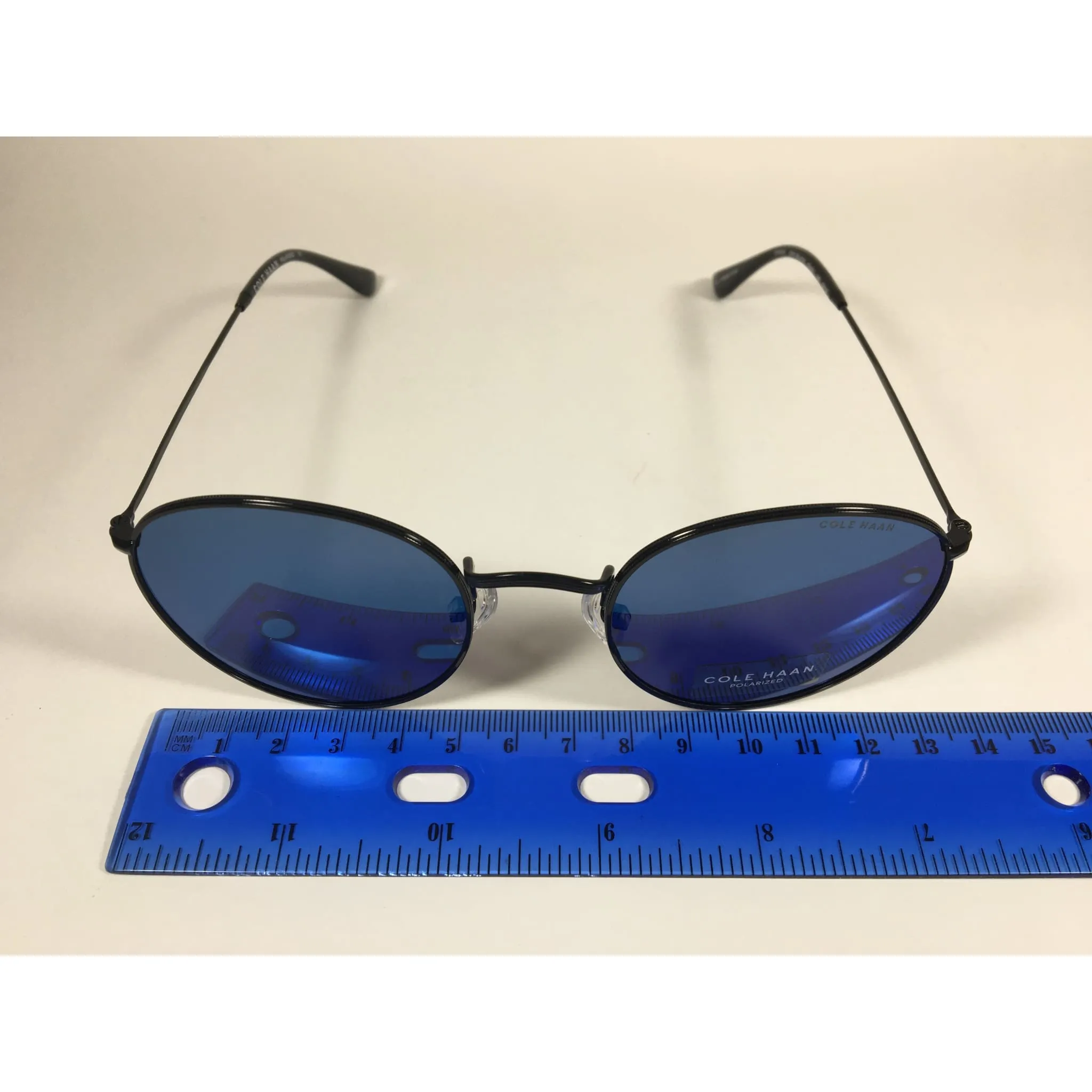 Cole Haan Polarized Round Sunglasses Black Blue Mirror Lens CH8004 001 BLACK