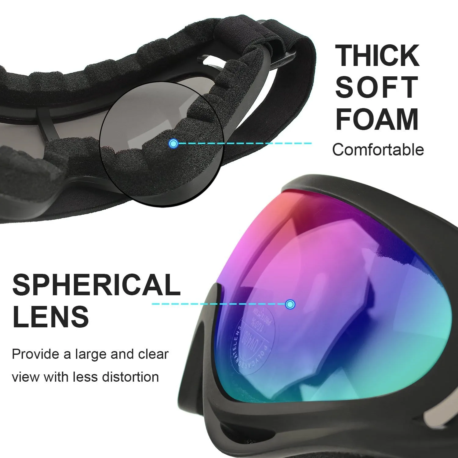 COOLOO Ski Goggles, Pack of 2, Snowboard Goggles for Kids, Boys & Girls, Youth, Men & Women, with Protection, Wind Resistance, Anti-Glare Lenses, Made, Multicolor/Gray