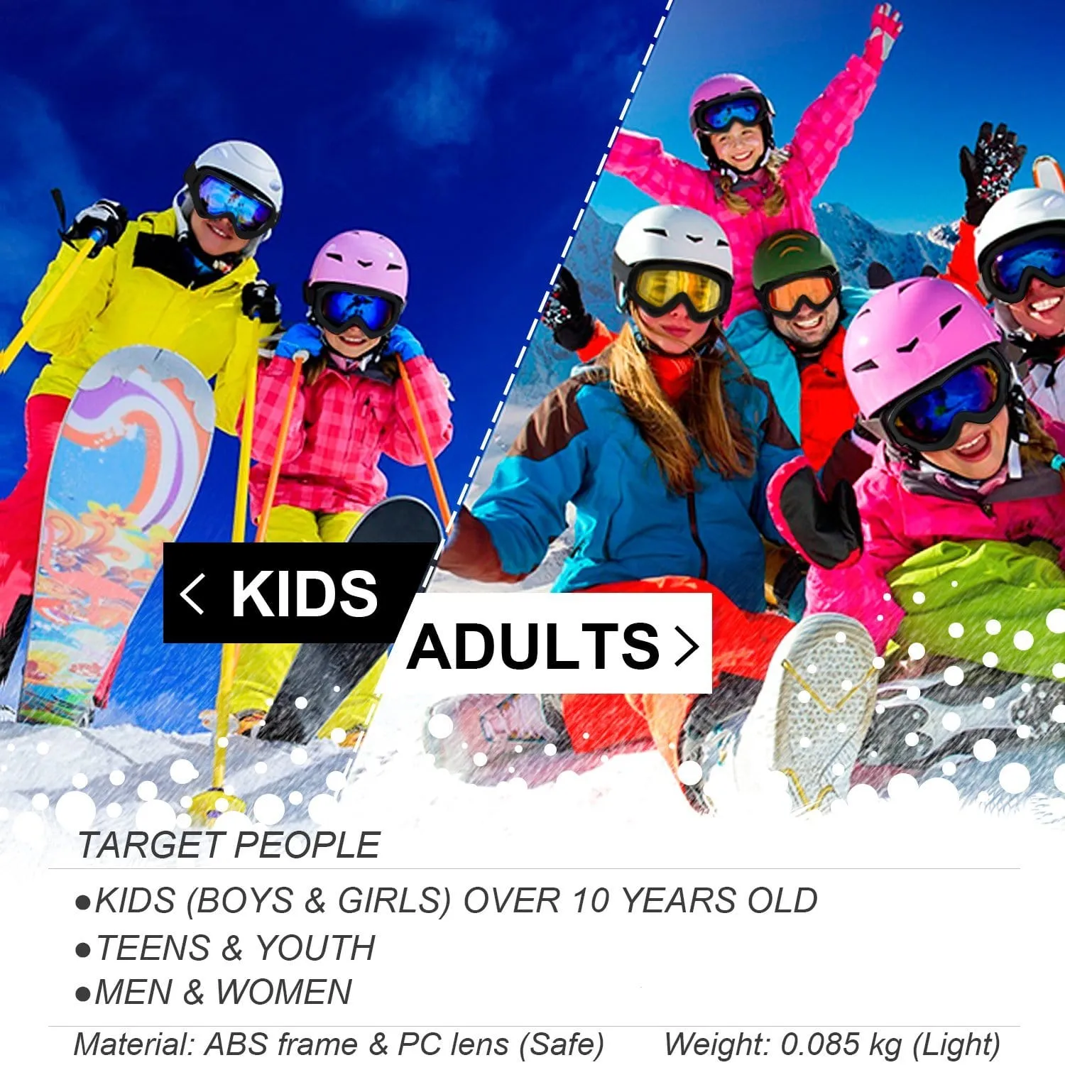 COOLOO Ski Goggles, Pack of 2, Snowboard Goggles for Kids, Boys & Girls, Youth, Men & Women, with Protection, Wind Resistance, Anti-Glare Lenses, Made, Multicolor/Gray