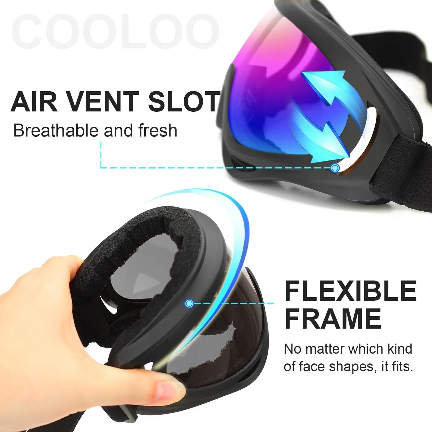 COOLOO Ski Goggles, Pack of 2, Snowboard Goggles for Kids, Boys & Girls, Youth, Men & Women, with Protection, Wind Resistance, Anti-Glare Lenses, Made, Multicolor/Gray