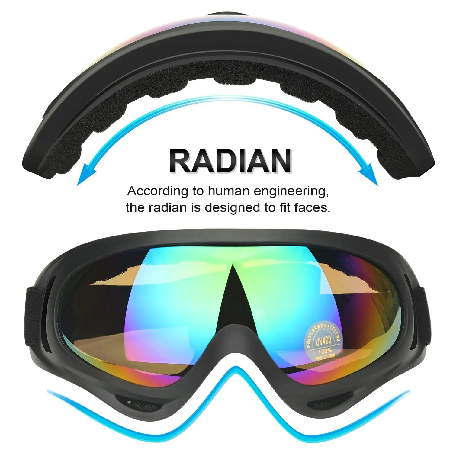 COOLOO Ski Goggles, Pack of 2, Snowboard Goggles for Kids, Boys & Girls, Youth, Men & Women, with Protection, Wind Resistance, Anti-Glare Lenses, Made, Multicolor/Gray
