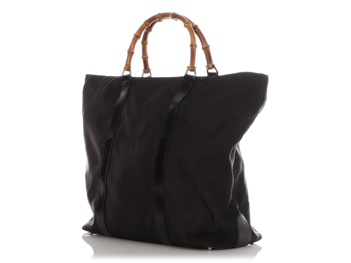 Gucci Black Leather-Trimmed Nylon Bamboo Handle Tote