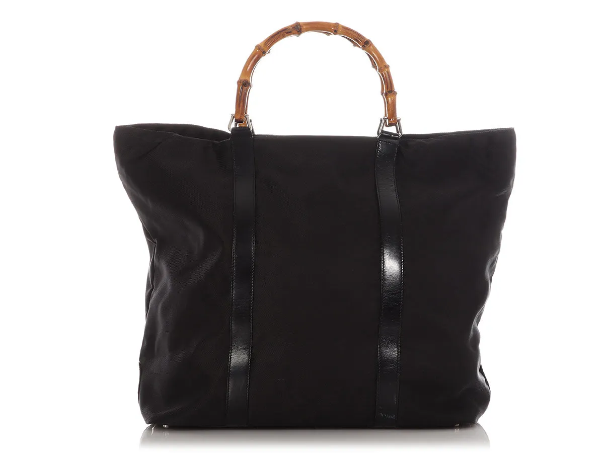Gucci Black Leather-Trimmed Nylon Bamboo Handle Tote
