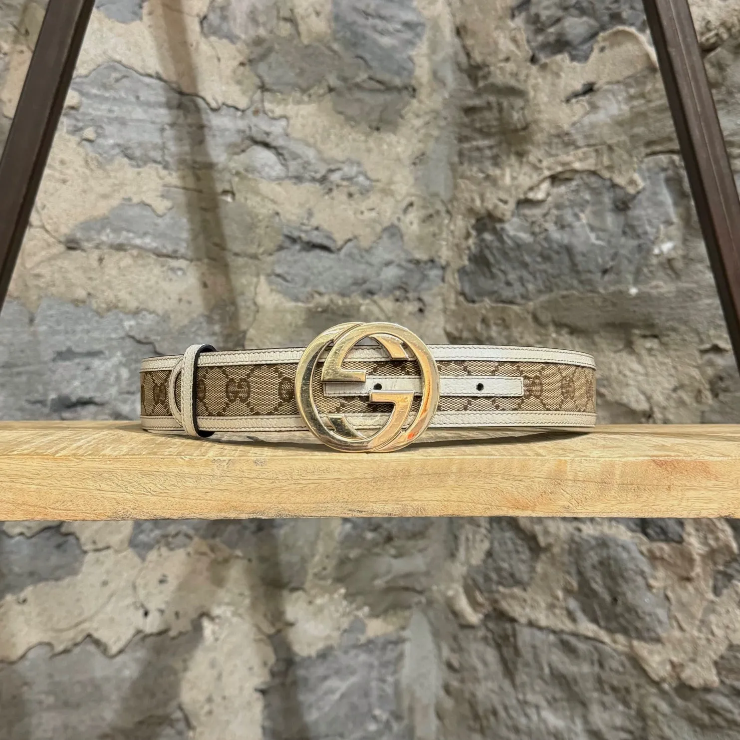 Gucci Ivory Trim Beige Canvas Interlocking GG Gold Buckle Belt