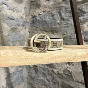 Gucci Ivory Trim Beige Canvas Interlocking GG Gold Buckle Belt