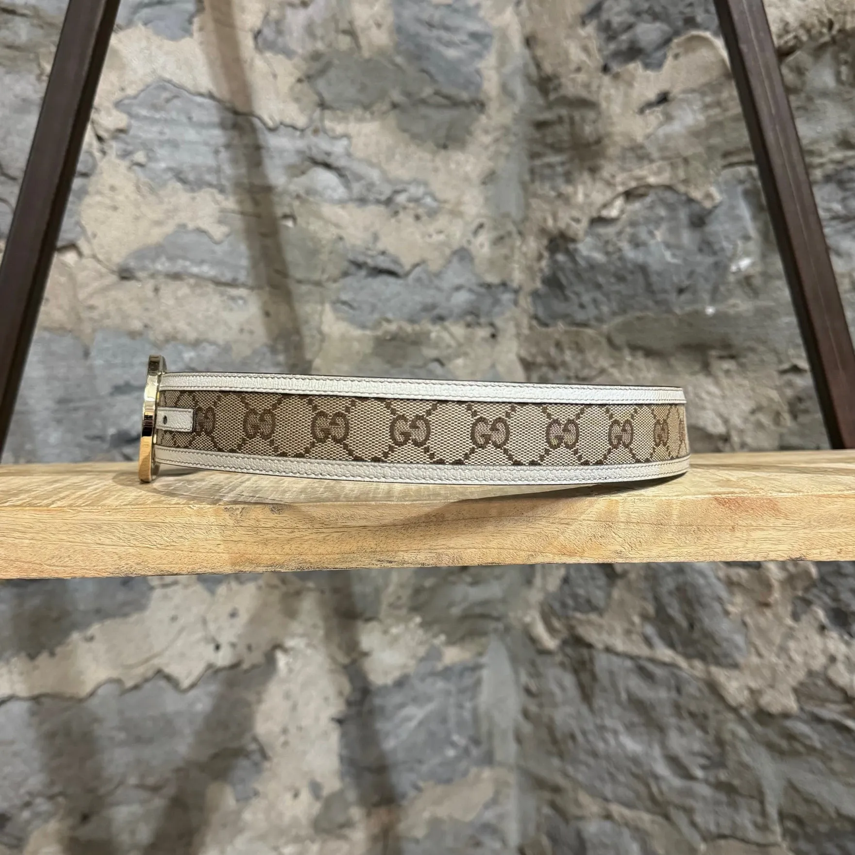 Gucci Ivory Trim Beige Canvas Interlocking GG Gold Buckle Belt