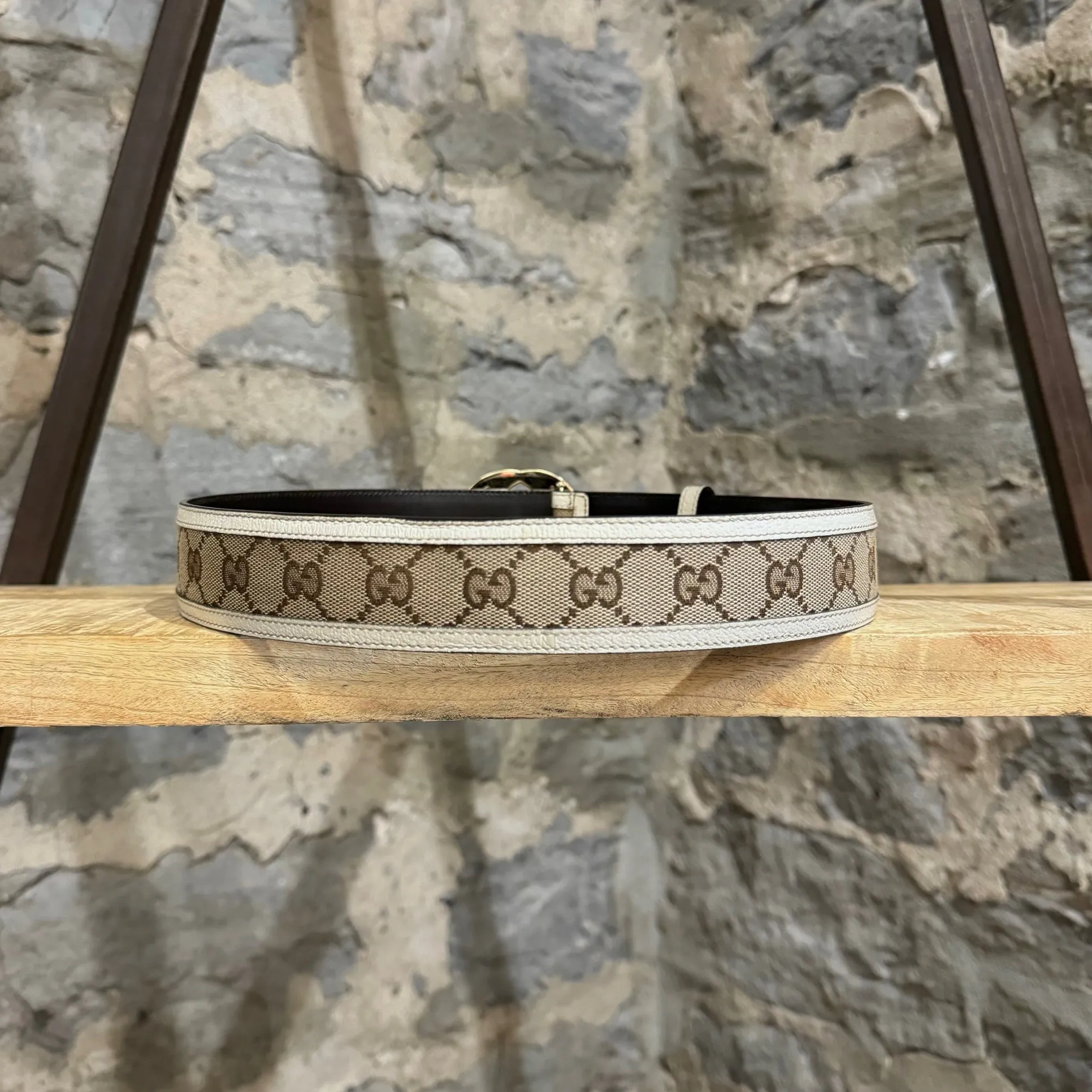 Gucci Ivory Trim Beige Canvas Interlocking GG Gold Buckle Belt