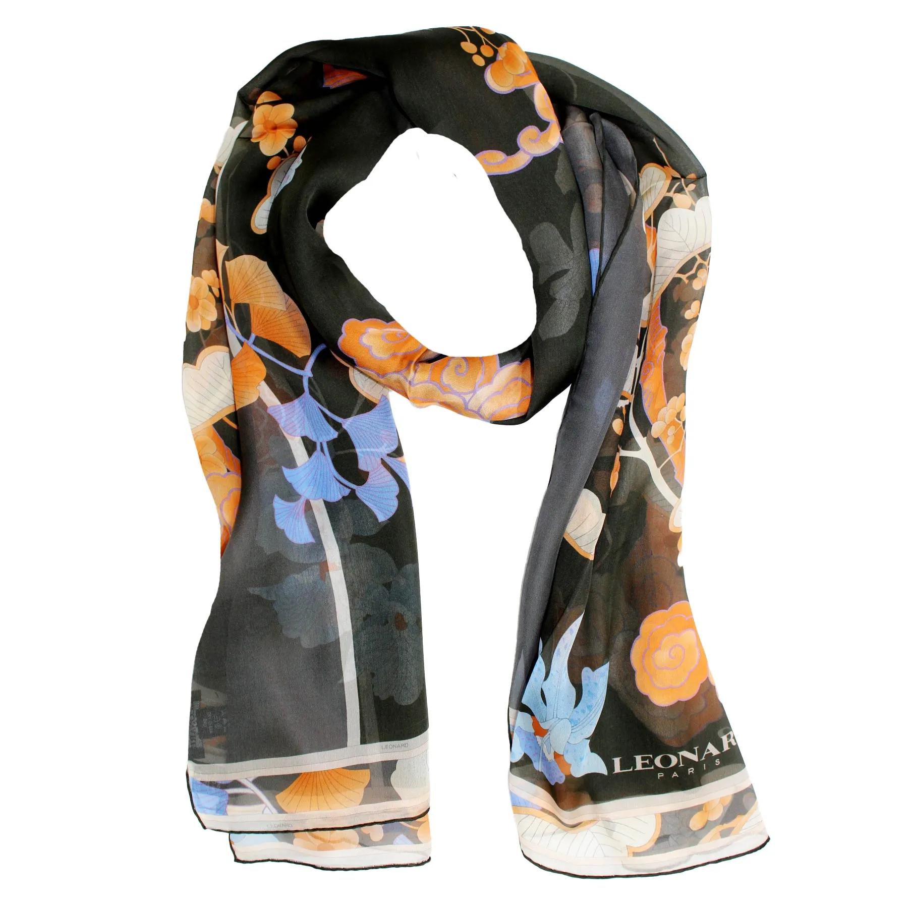 Leonard Paris Scarf Black Brown Floral - Chiffon Silk Shawl BLACK FRIDAY SALE