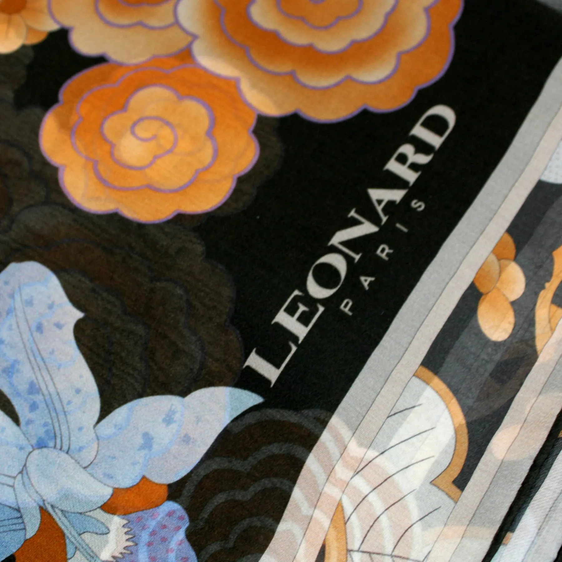 Leonard Paris Scarf Black Brown Floral - Chiffon Silk Shawl BLACK FRIDAY SALE