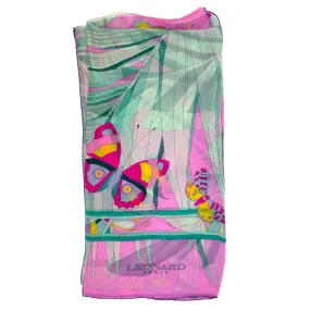 Leonard Paris Scarf Pink Green Butterfly Design - Chiffon Silk Shawl