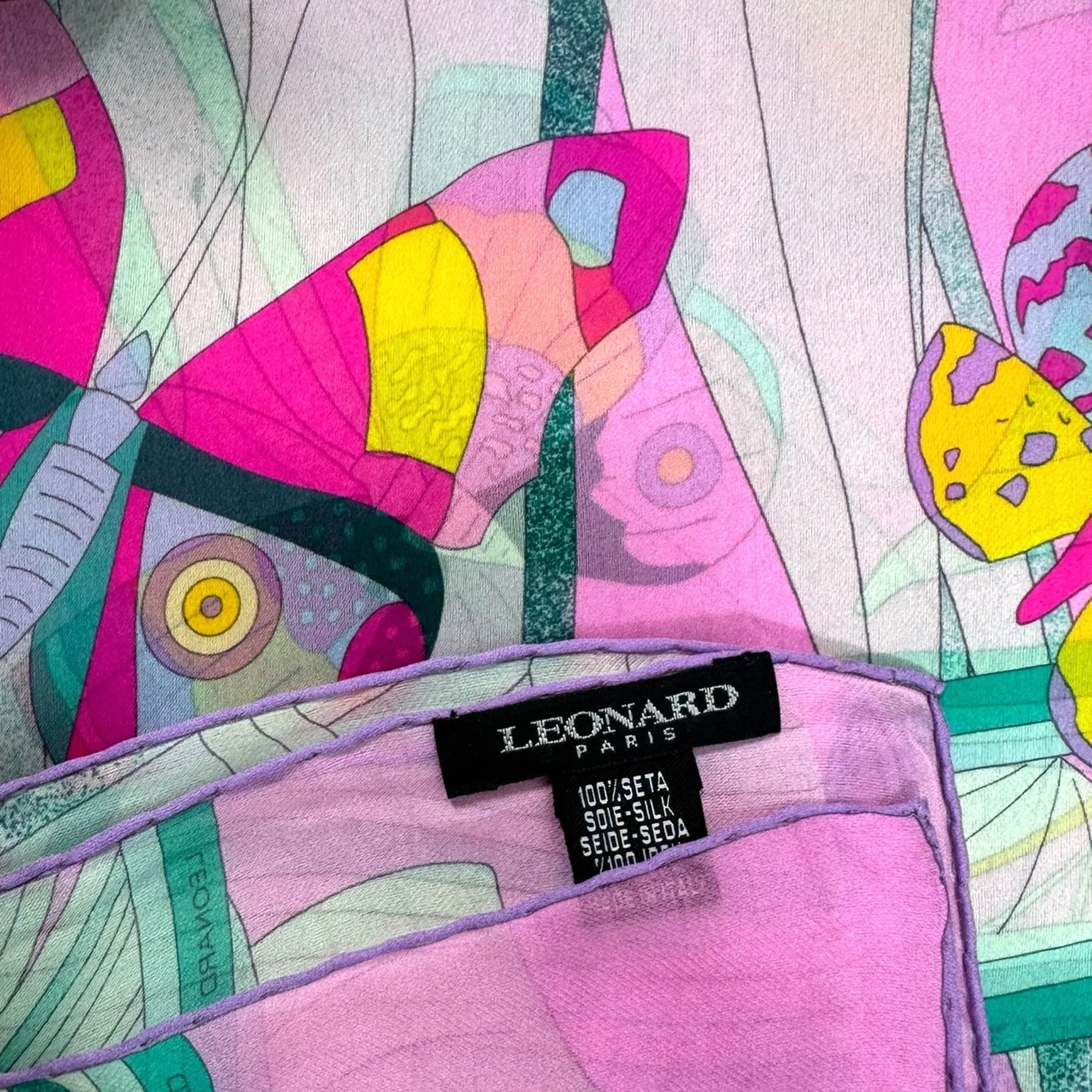 Leonard Paris Scarf Pink Green Butterfly Design - Chiffon Silk Shawl