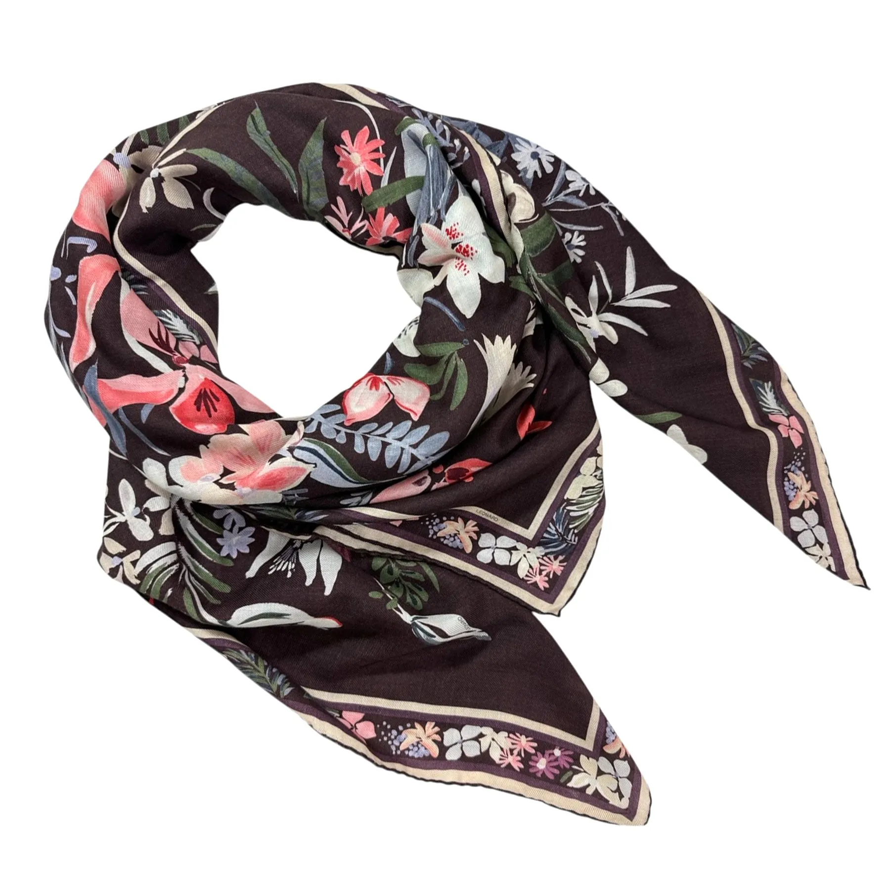 Leonard Paris Scarf Purple Floral - Extra Large Square Cashmere Silk Wrap SALE