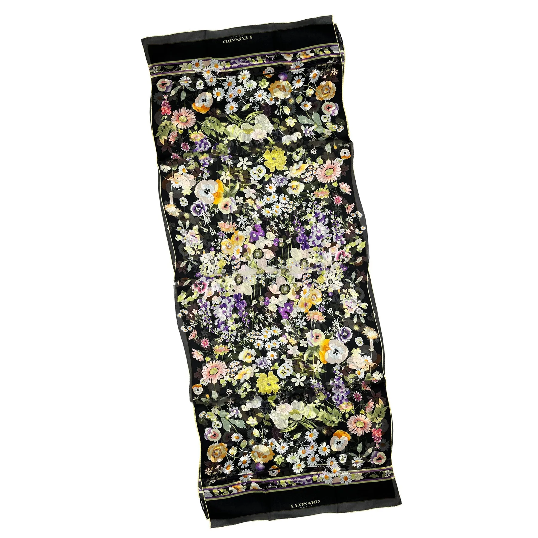Leonard Paris Scarf Yellow Green Purple Floral Design - Chiffon Silk Shawl SALE