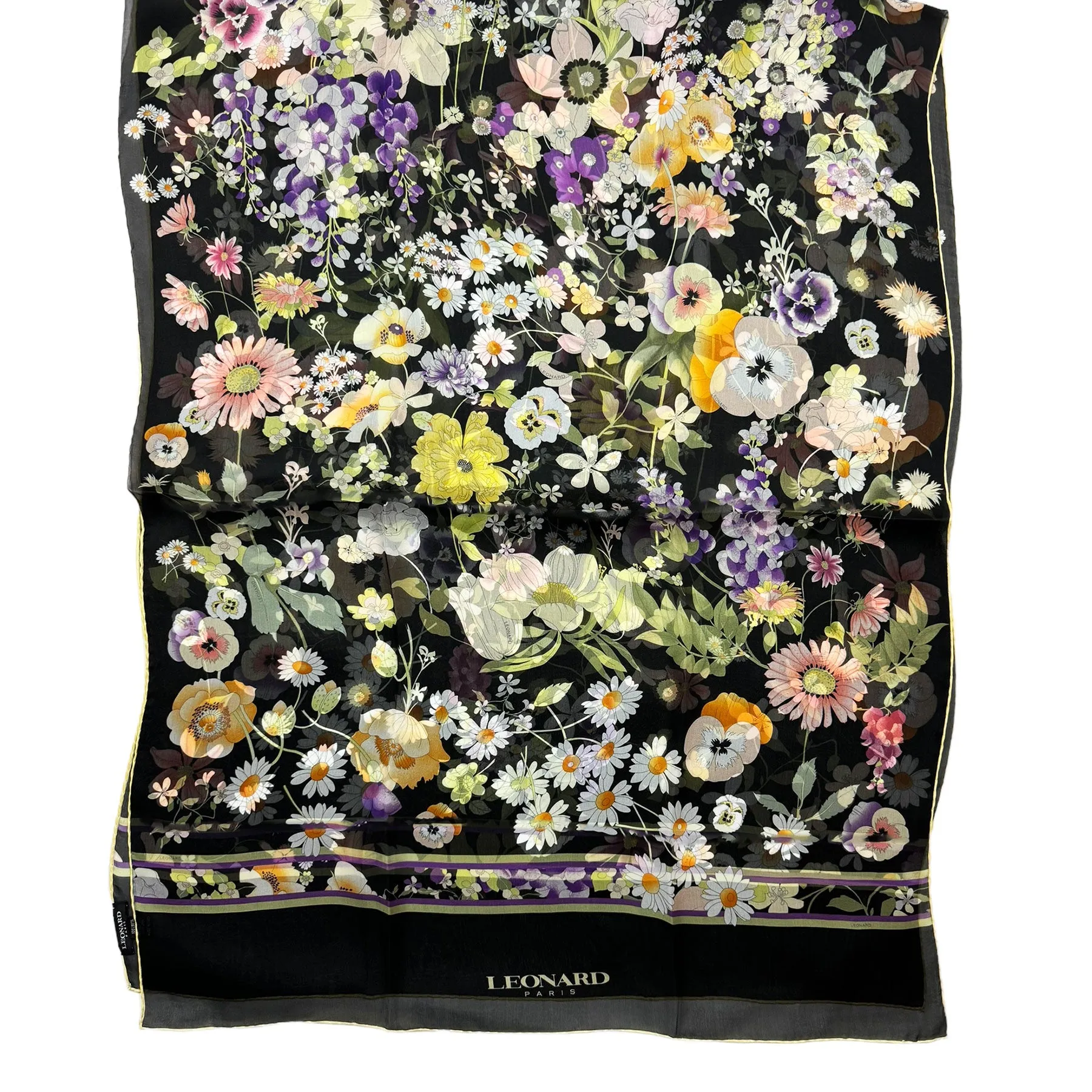 Leonard Paris Scarf Yellow Green Purple Floral Design - Chiffon Silk Shawl SALE